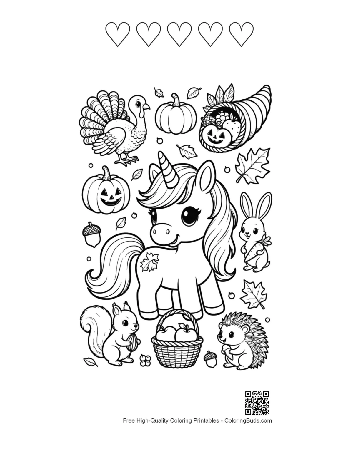 Easy rainbow unicorn kids printable with 5 hearts outline