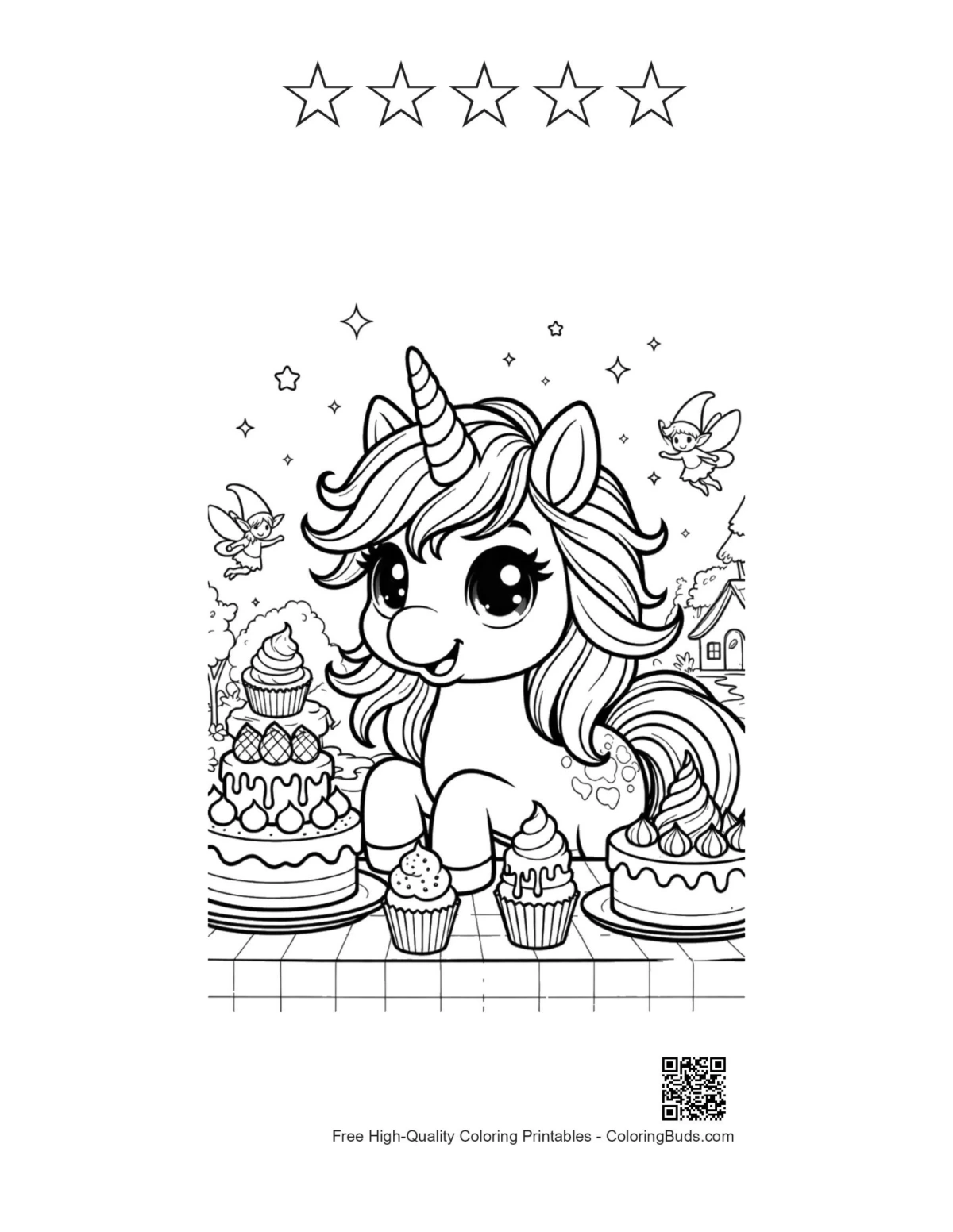 Rainbow unicorn with 5 stars printable outline