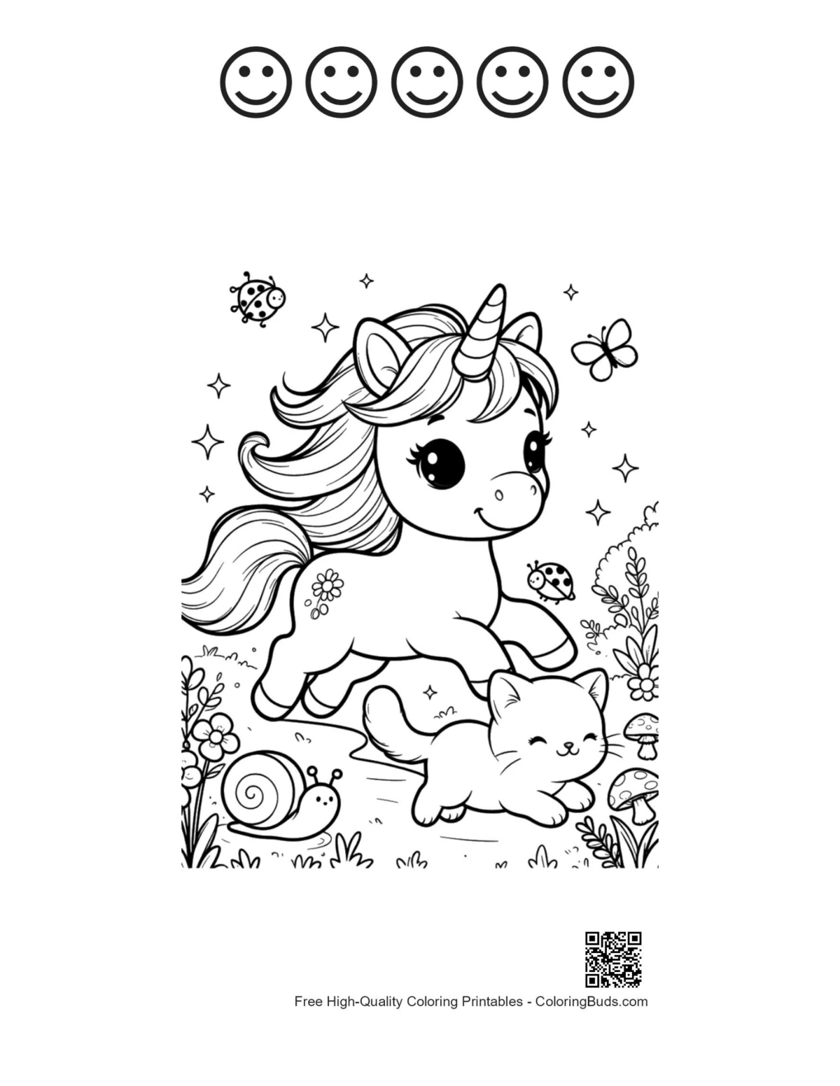 Kawaii unicorn page with happy faces outlines