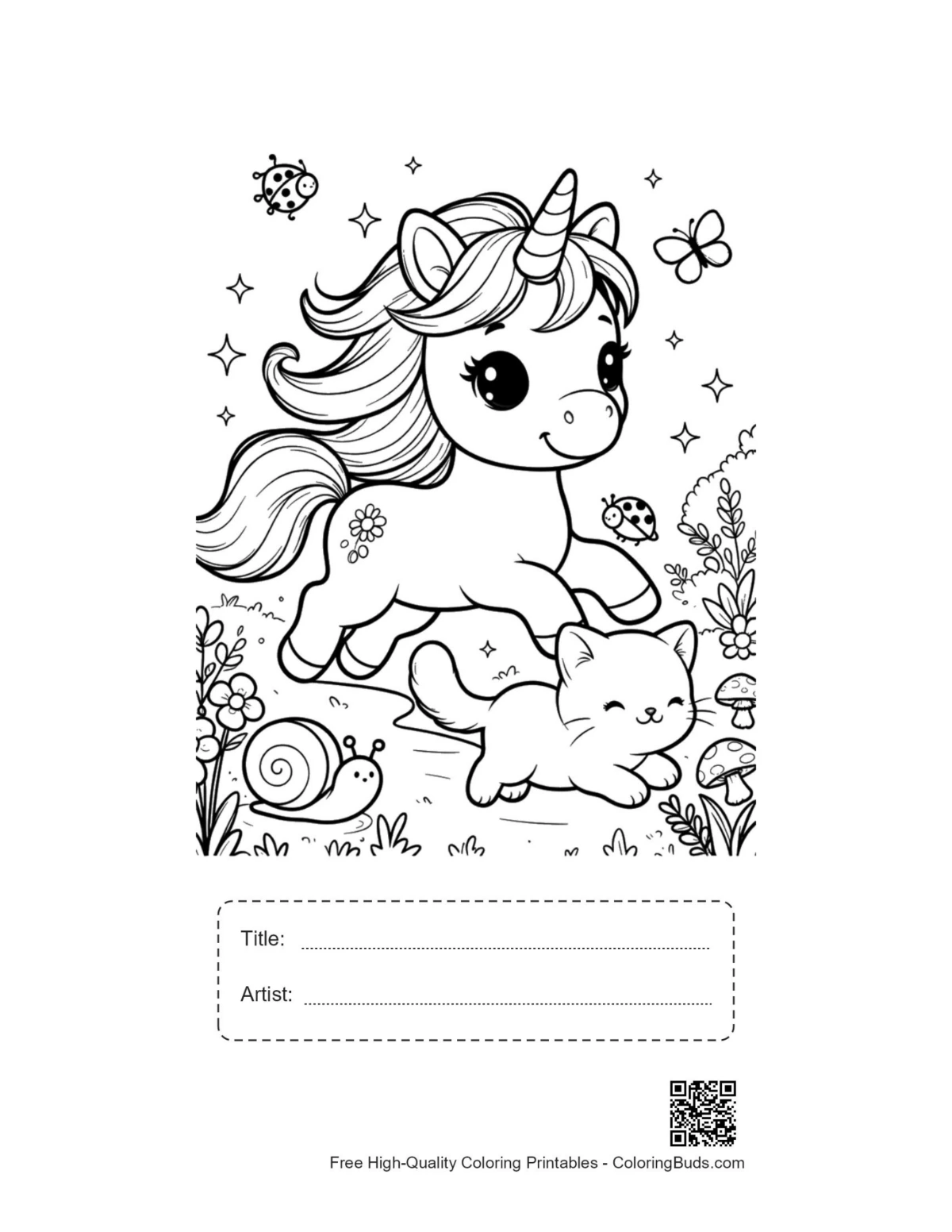 Kawaii unicorn coloring page with title artist box
