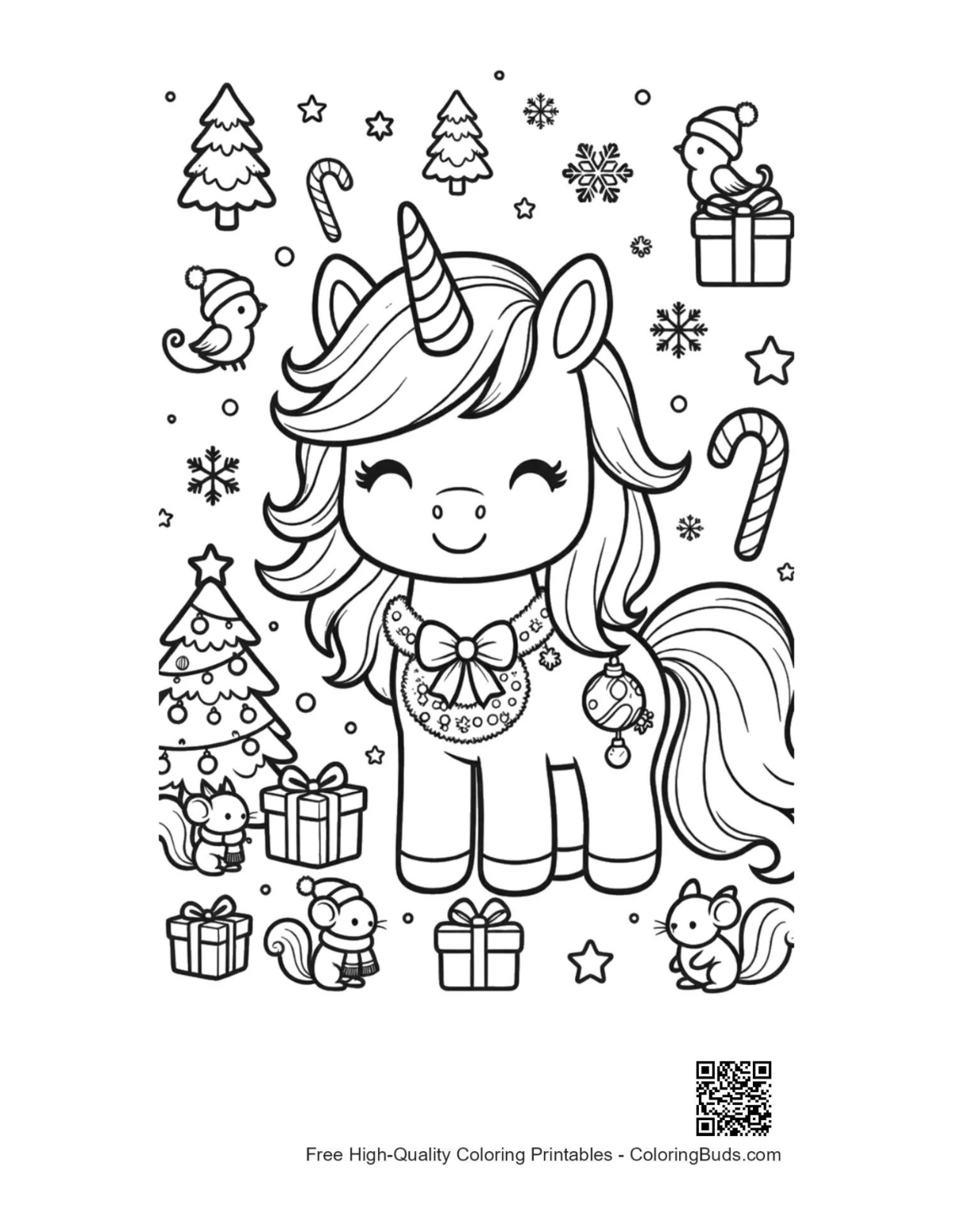 Rainbow unicorn Santa hat Christmas coloring printable