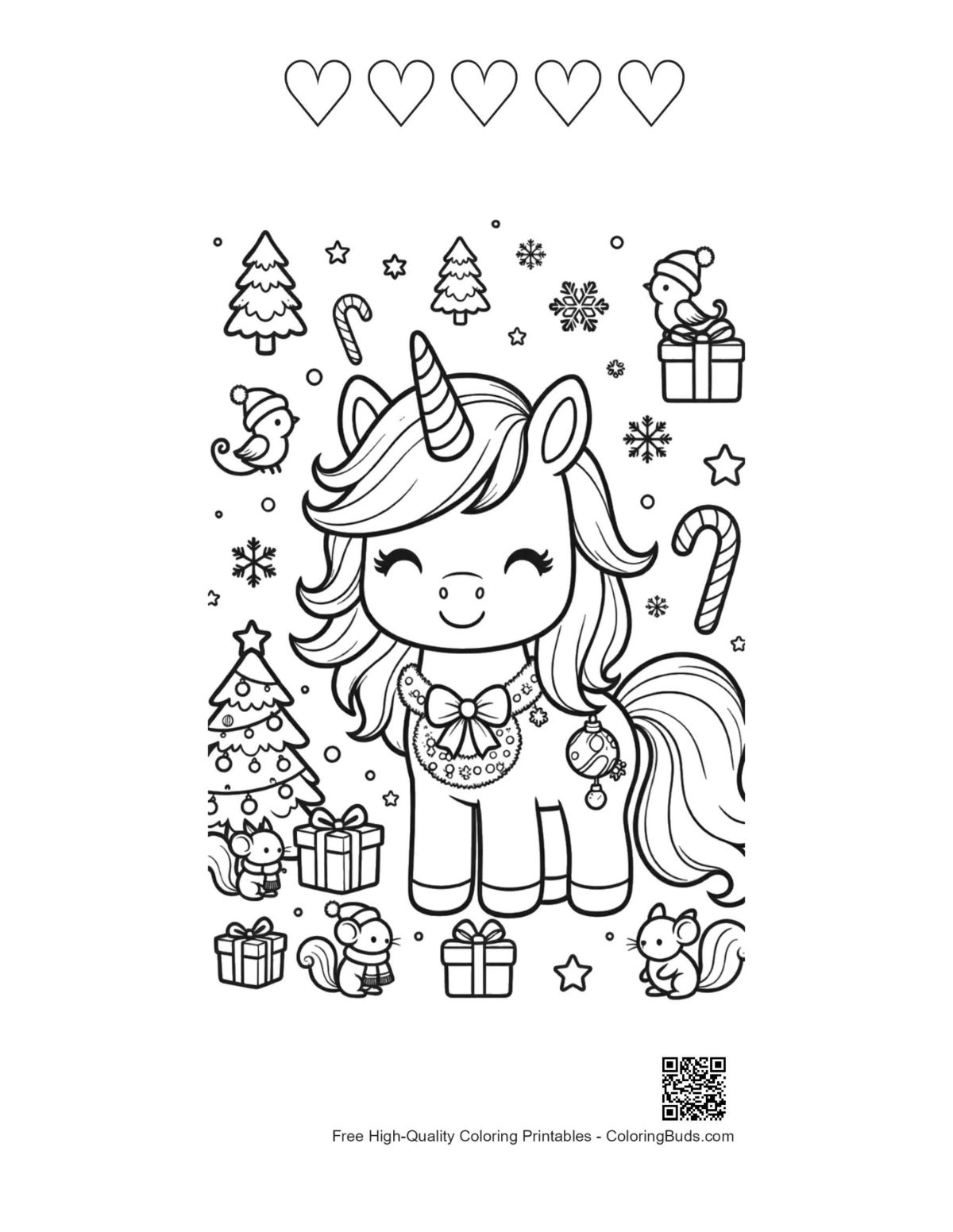 Rainbow unicorn Christmas printable 5 heart outlines