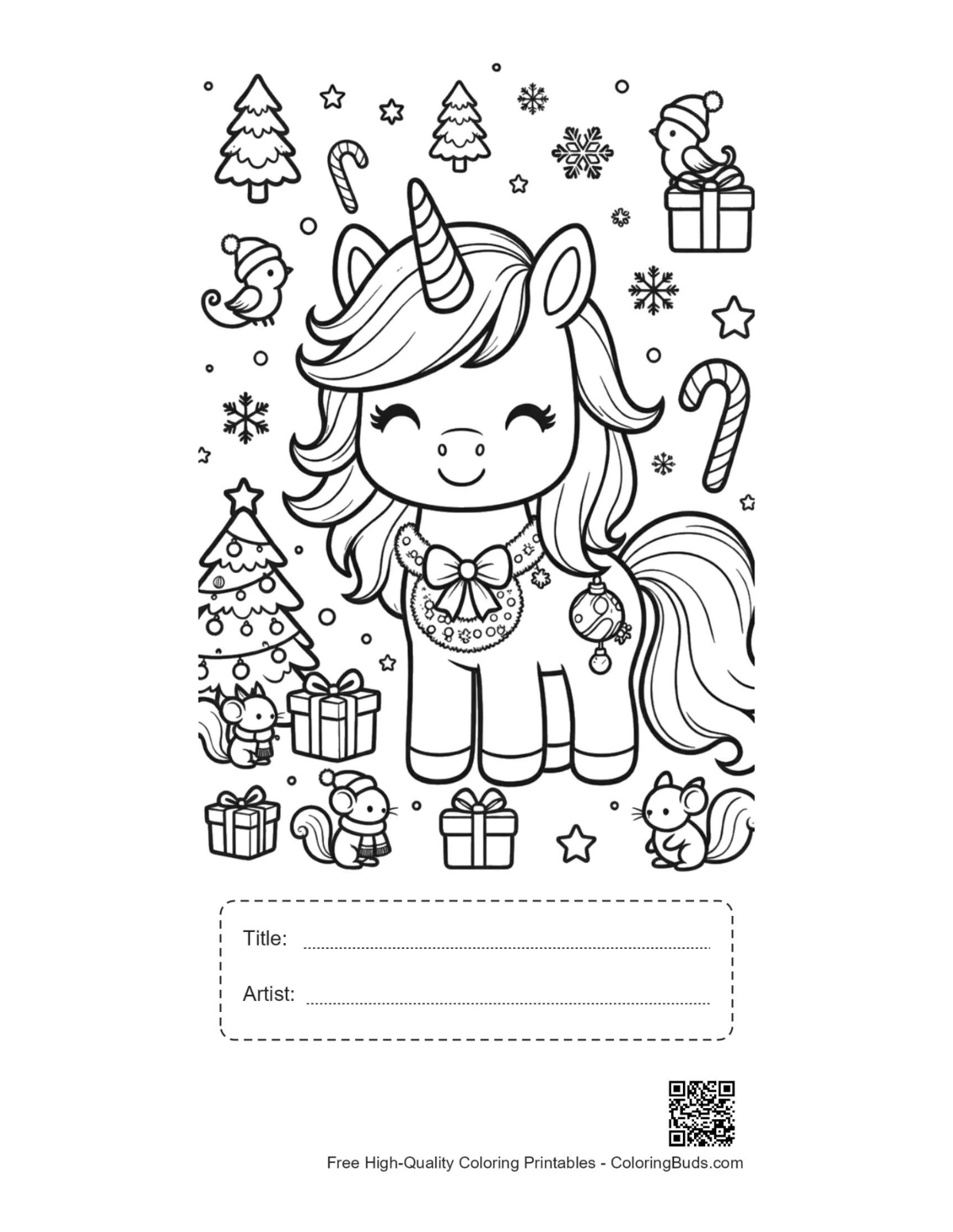 Rainbow unicorn coloring page with title artist box