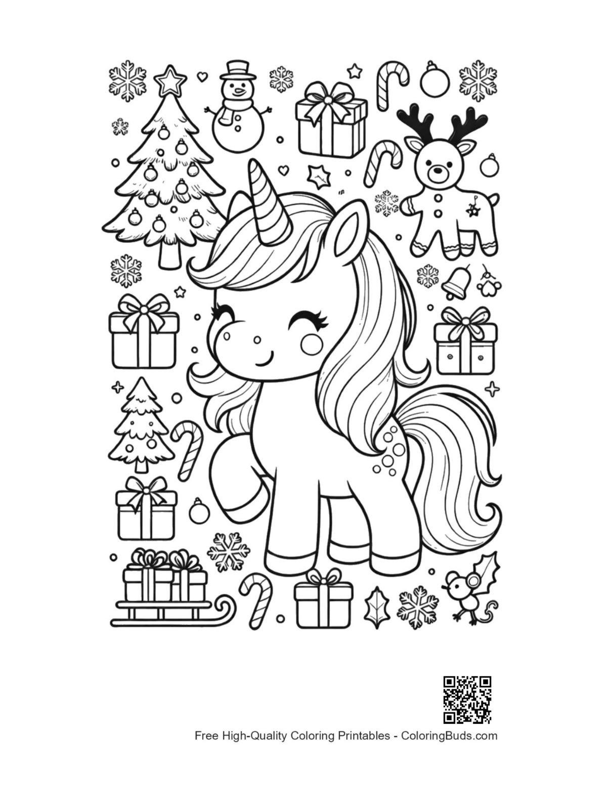 Kawaii holiday unicorn Christmas printable coloring page
