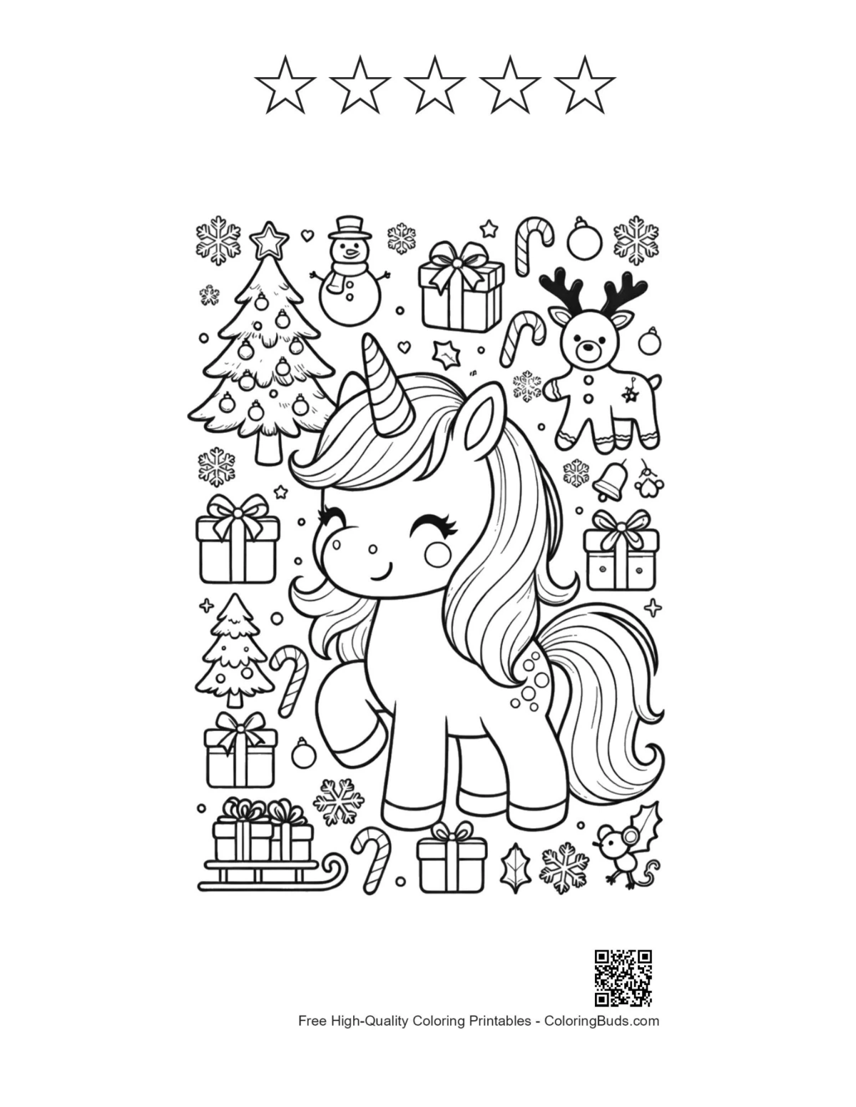Kawaii unicorn with 5 star outlines Christmas printable