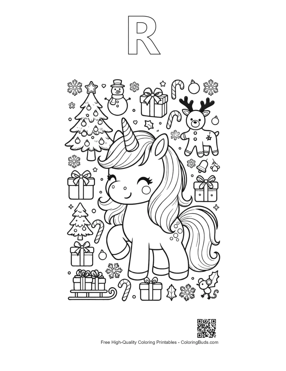 Kawaii unicorn outline alphabet R Christmas coloring printable