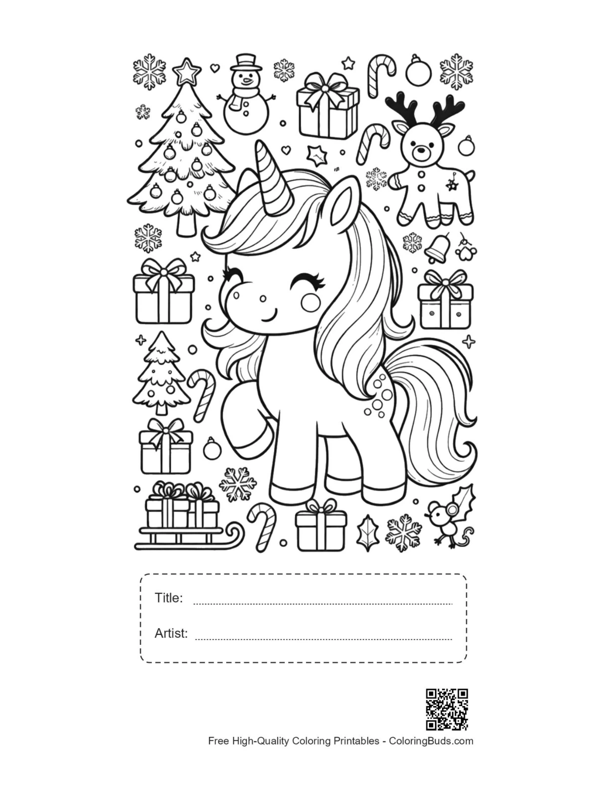 Kawaii unicorn printable with title artist box Christmas bow