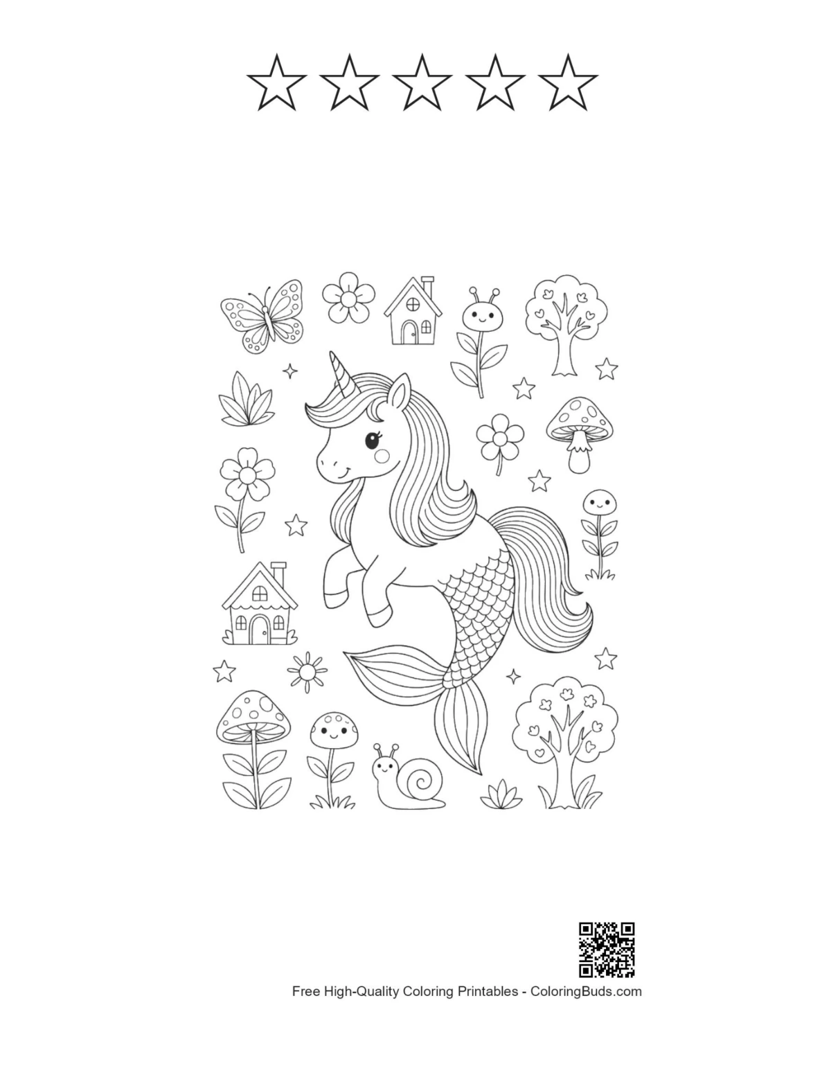Mermaid unicorn printable with star outlines