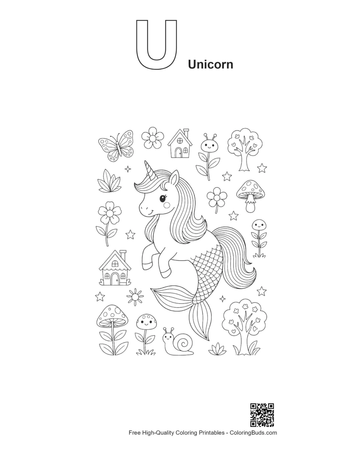Outline alphabet U unicorn mermaid coloring sheet