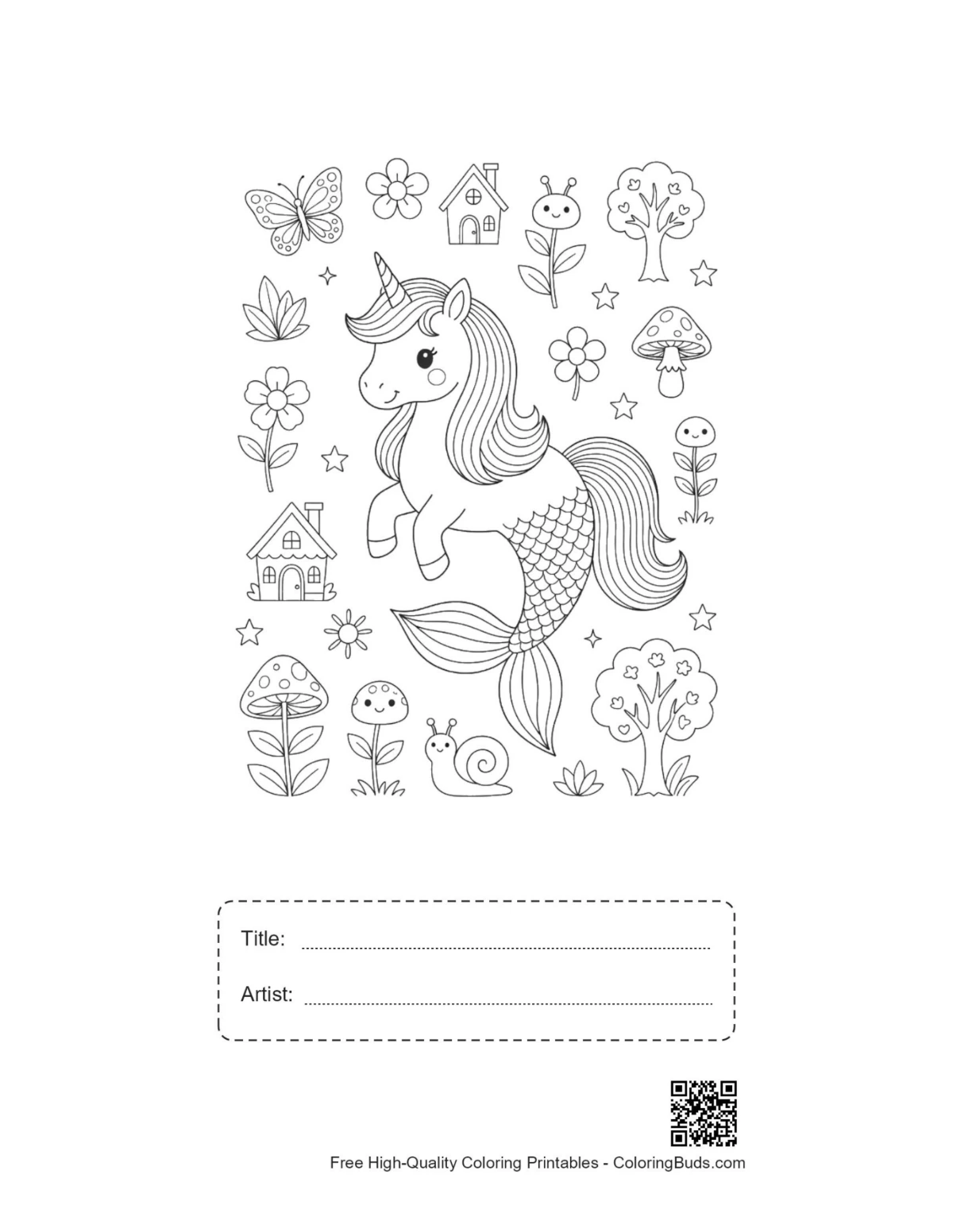Printable kawaii unicorn coloring with title box