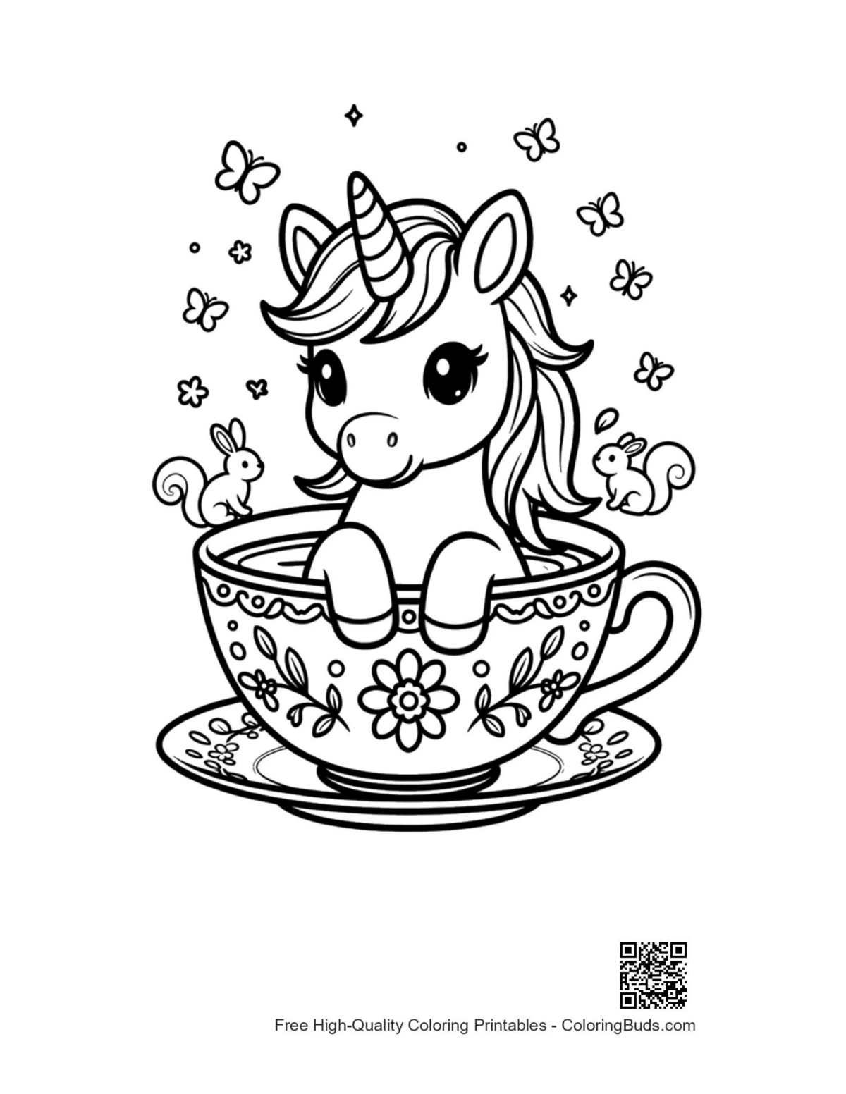 Cute kawaii unicorn in teacup coloring printable
