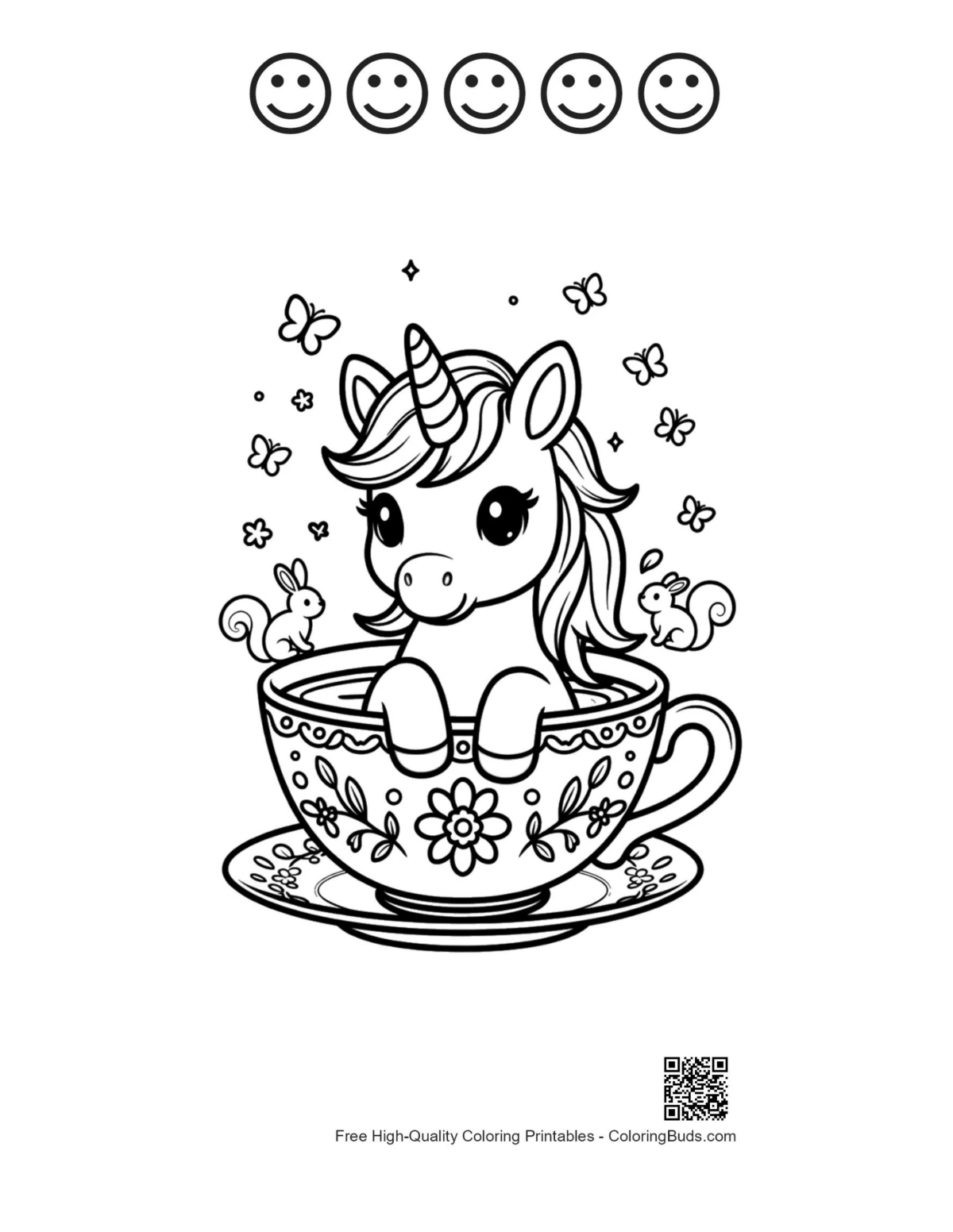 Kawaii unicorn teacup with happy faces outline