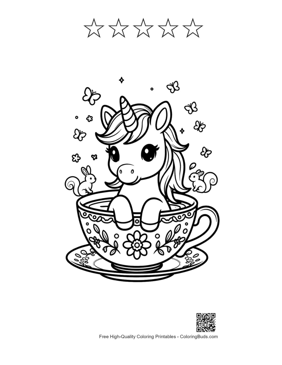 Kawaii unicorn teacup with 5 stars outline
