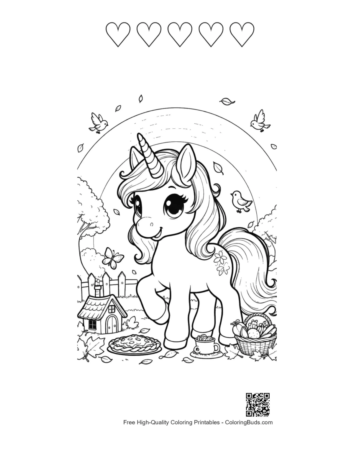 Rainbow unicorn printable featuring 5 heart outlines
