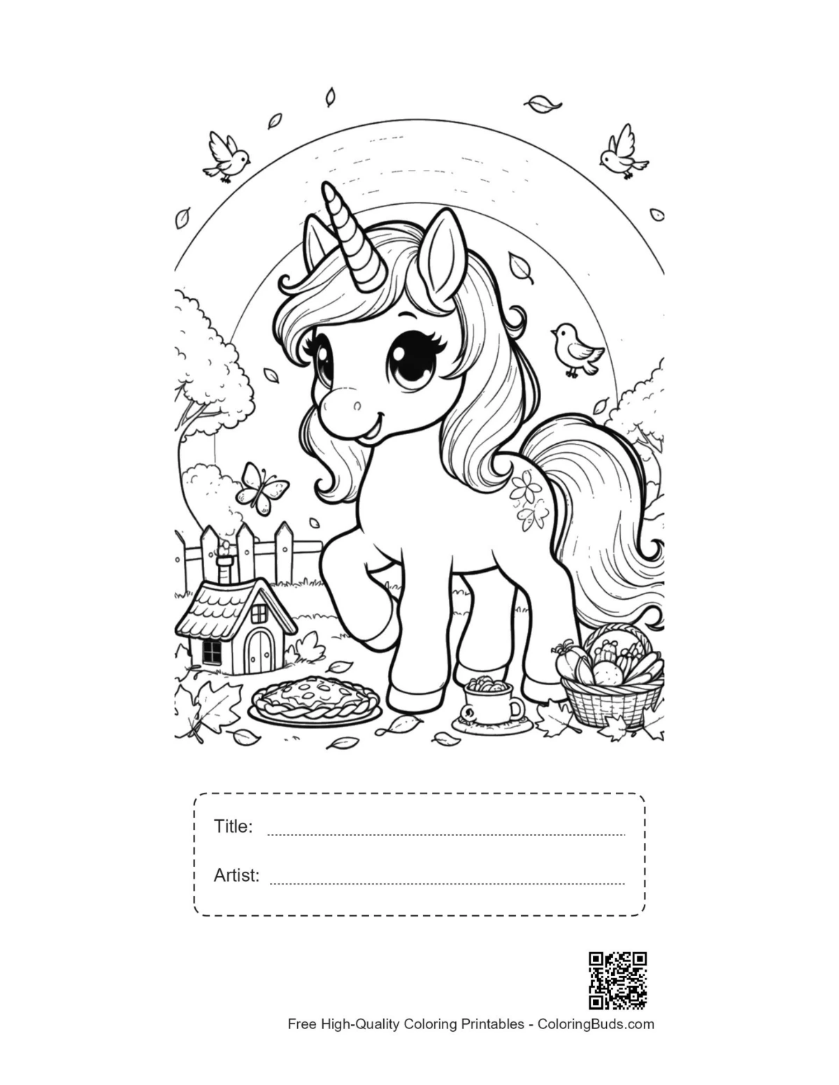 Kawaii unicorn printable with title and artist box
