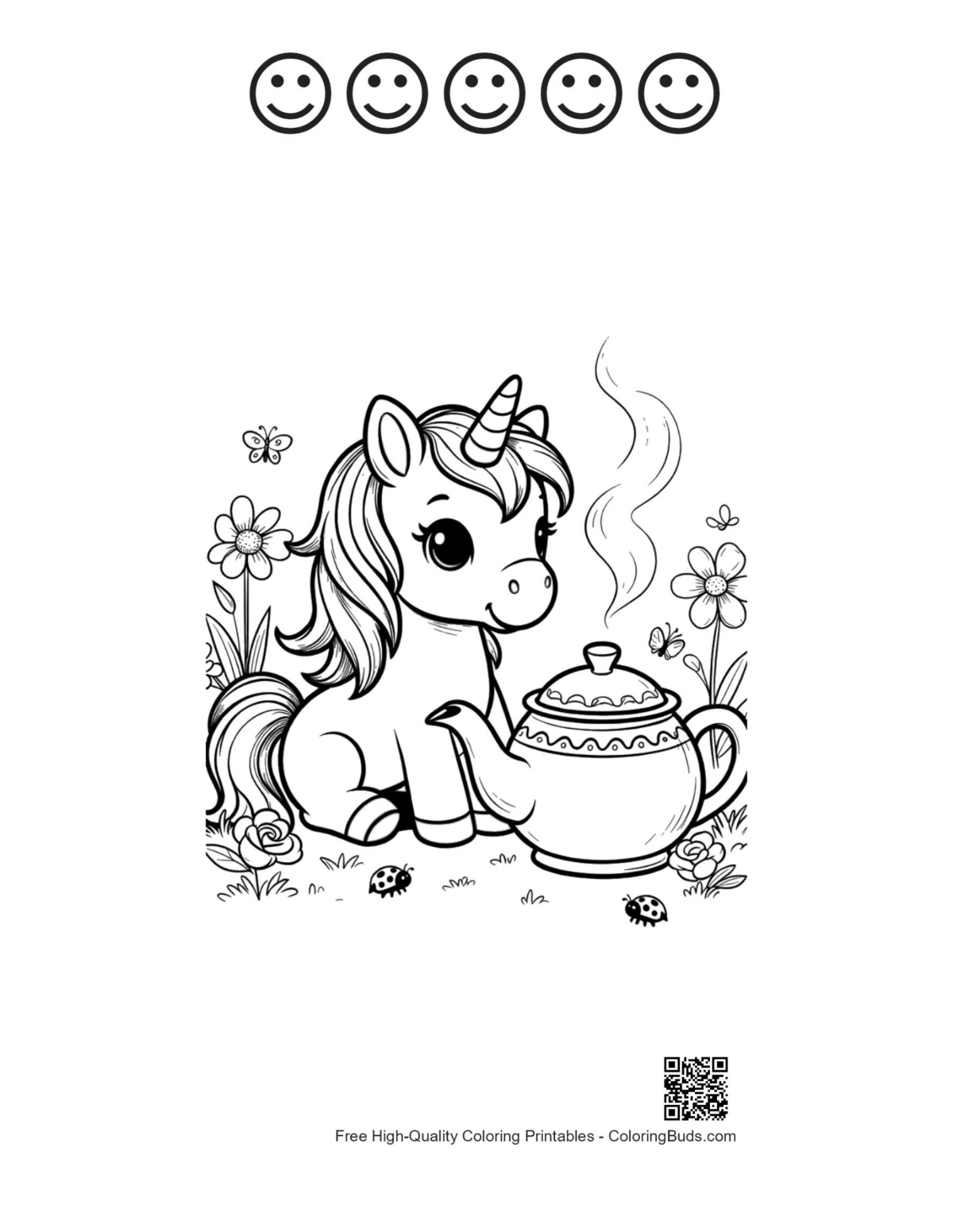 Kawaii unicorn and 5 happy faces outline printable