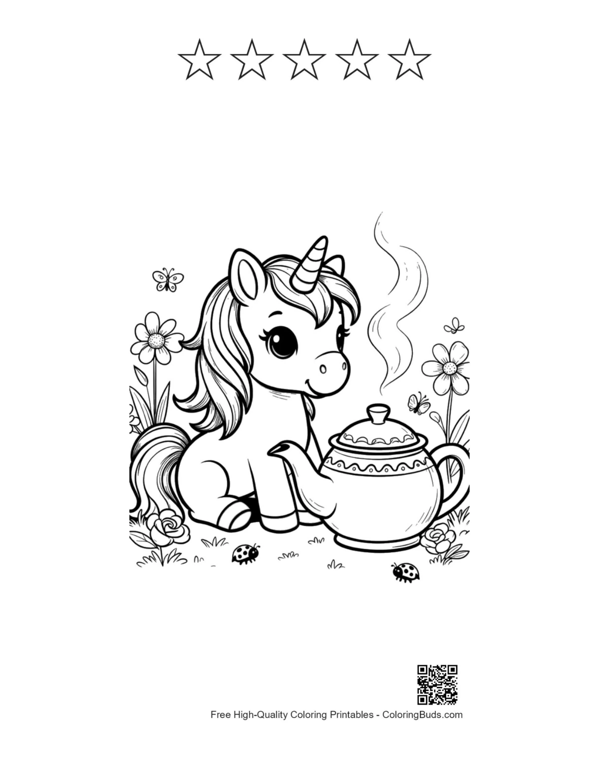 Kawaii unicorn with 5 stars outline kids printable