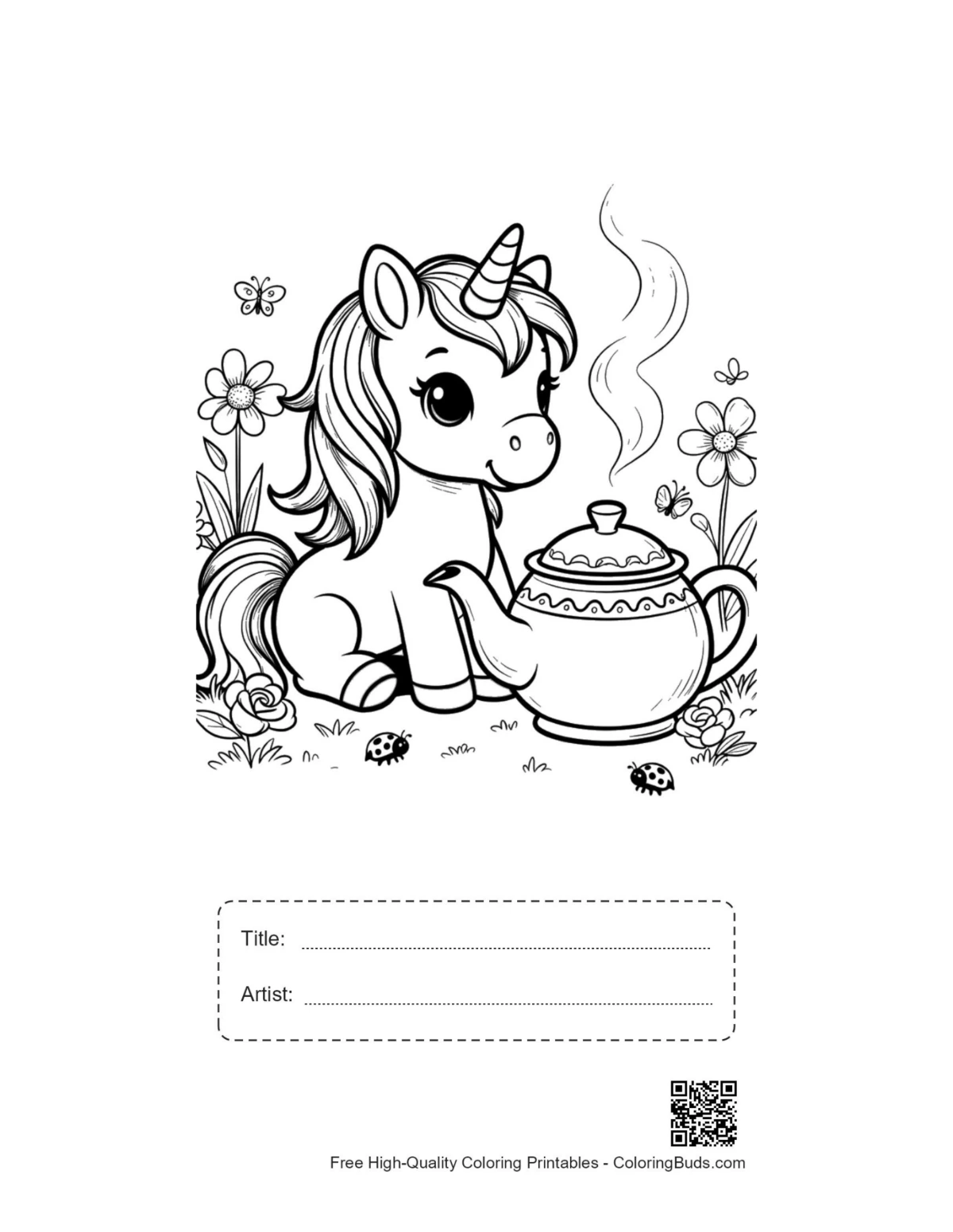 Kawaii unicorn printable with title and artist space