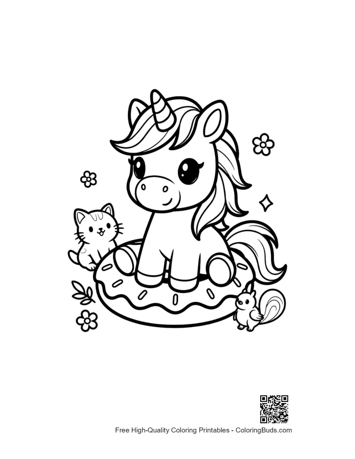 Cute kawaii unicorn printable coloring page design