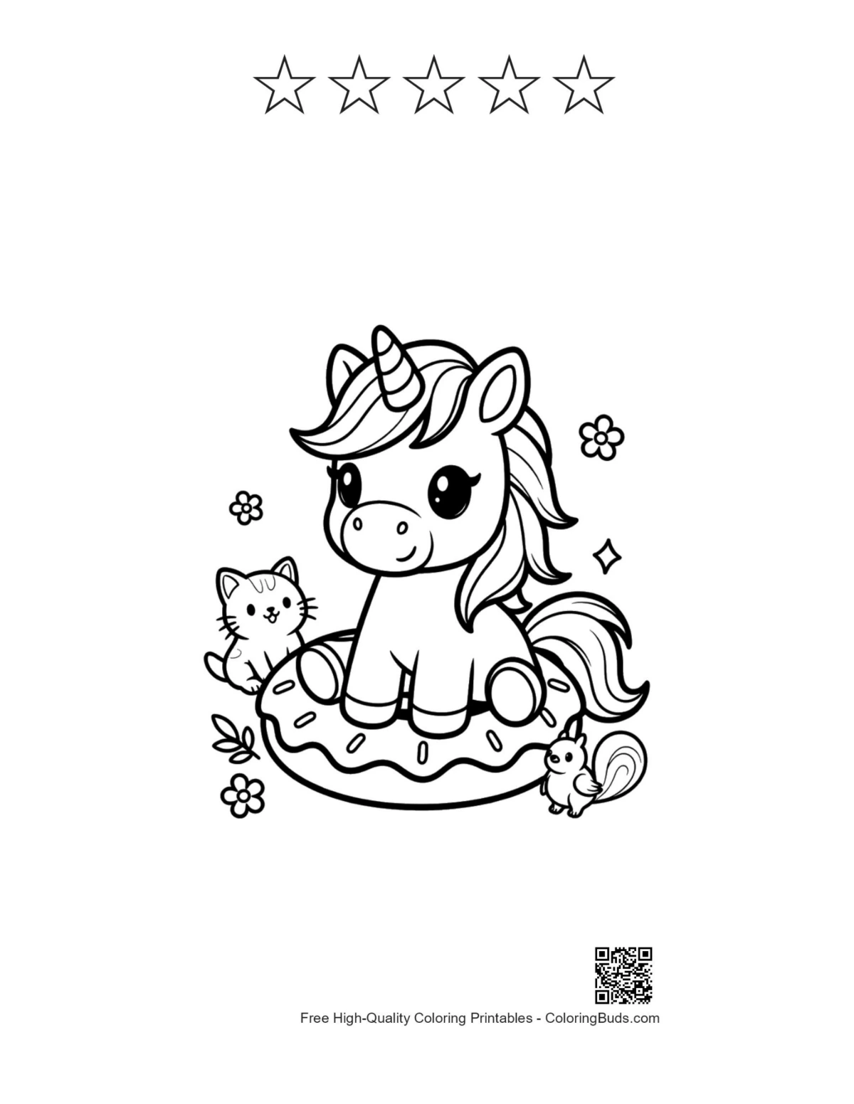 Kawaii unicorn printable with 5 star outlines for kids