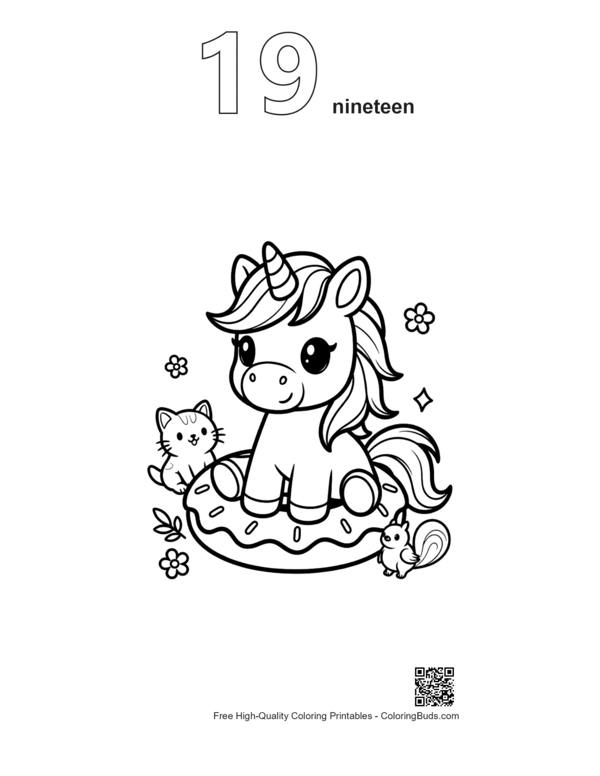 Kawaii unicorn printable outline number 19 coloring sheet