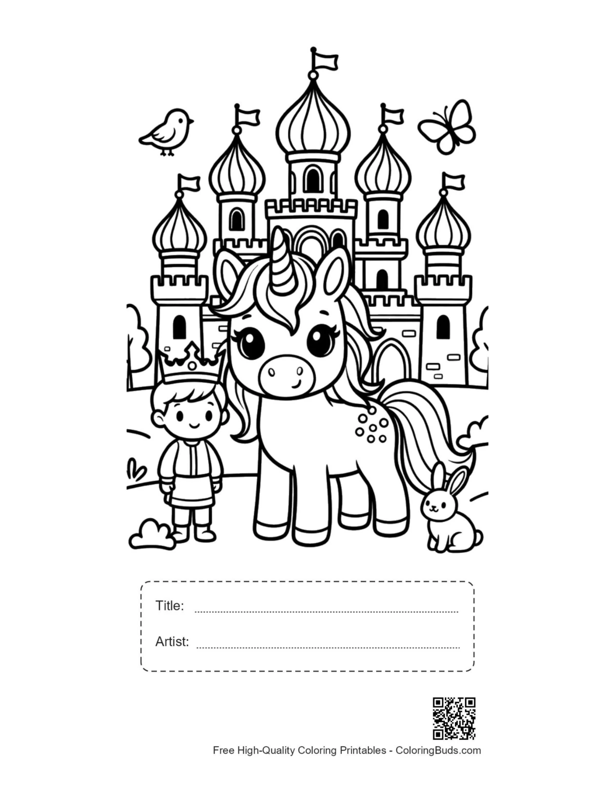 Kawaii unicorn printable with title artist box