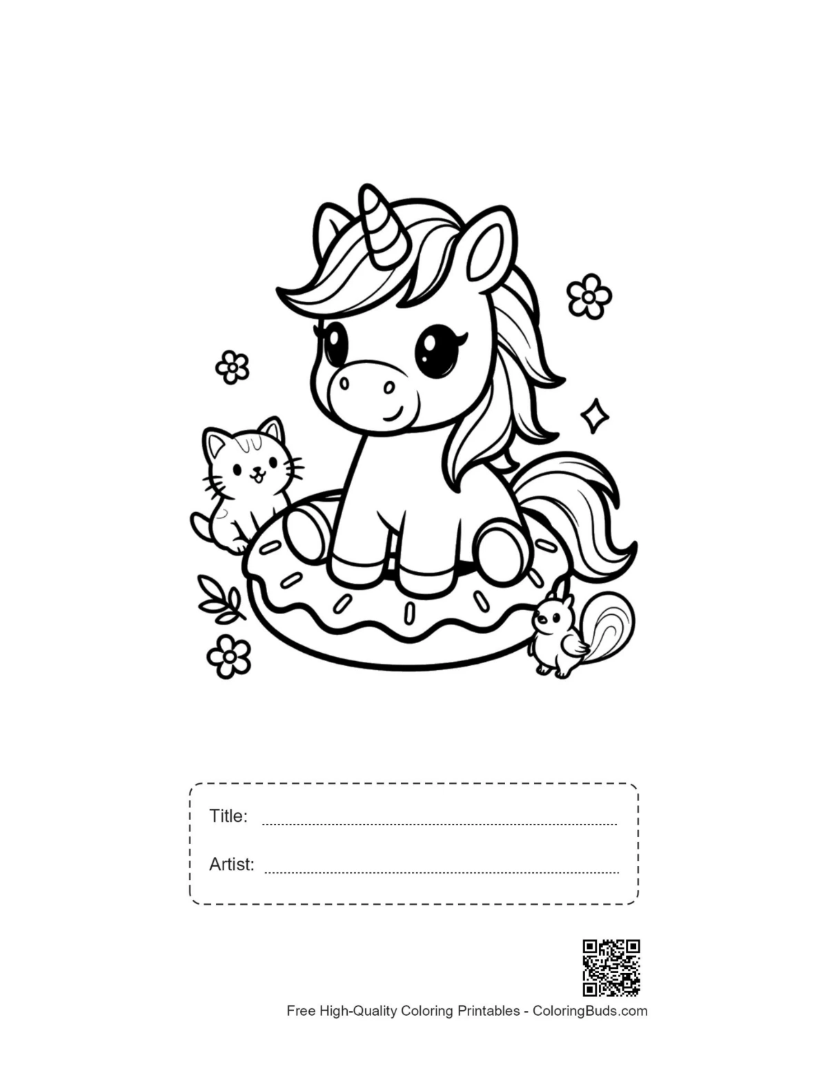 Kawaii unicorn printable with title artist box for coloring