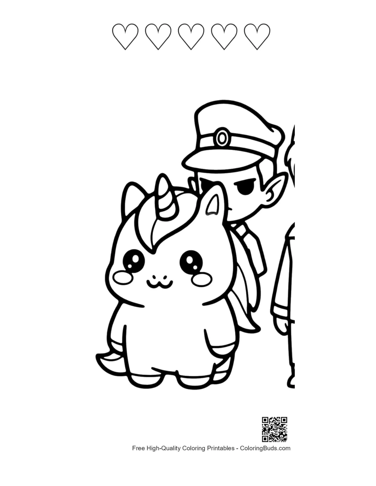 Kawaii unicorn elf cop with heart outlines