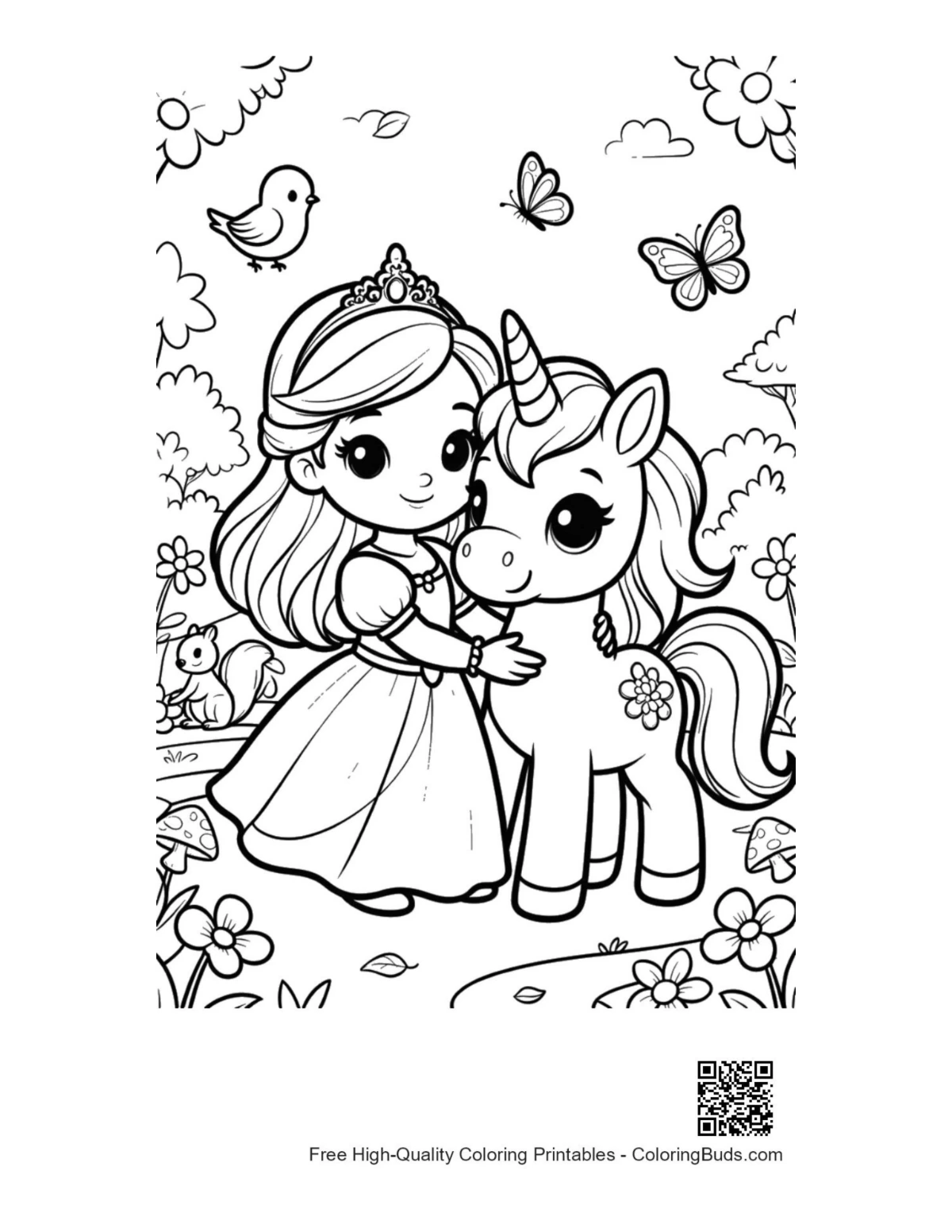 Kawaii girl hugging magical unicorn coloring page