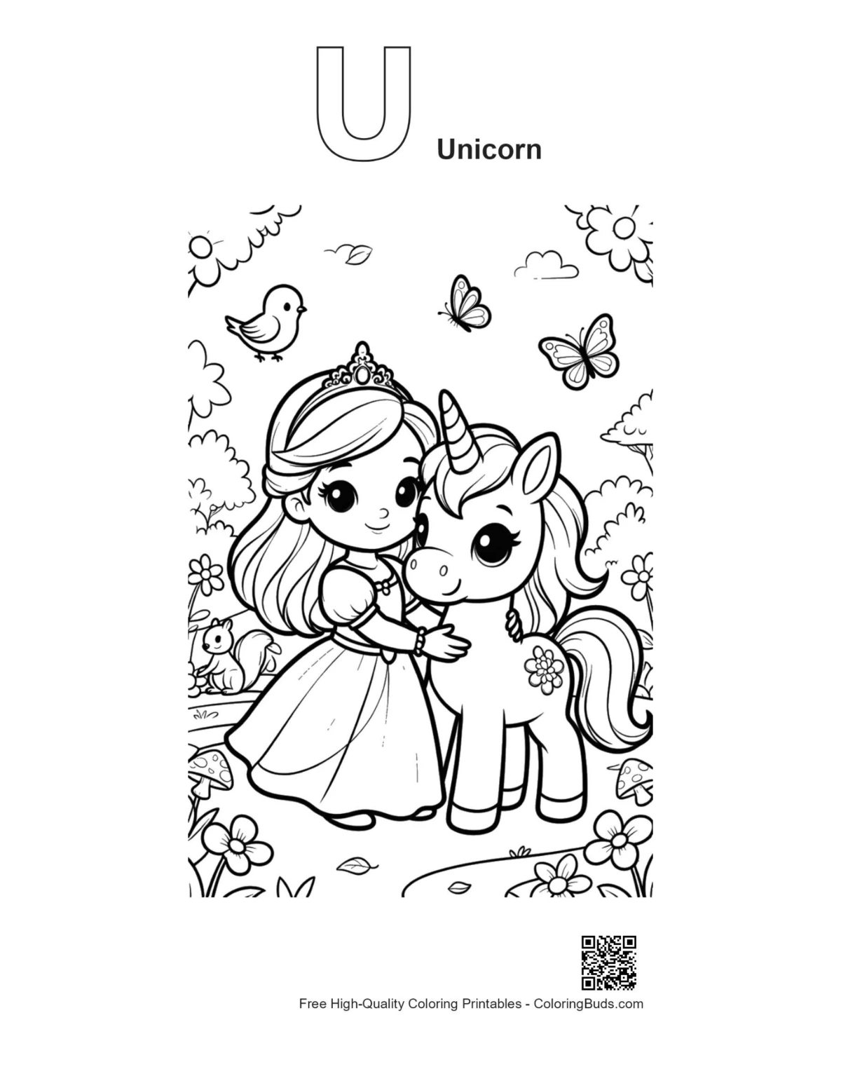 Girl unicorn hug with alphabet U outline coloring