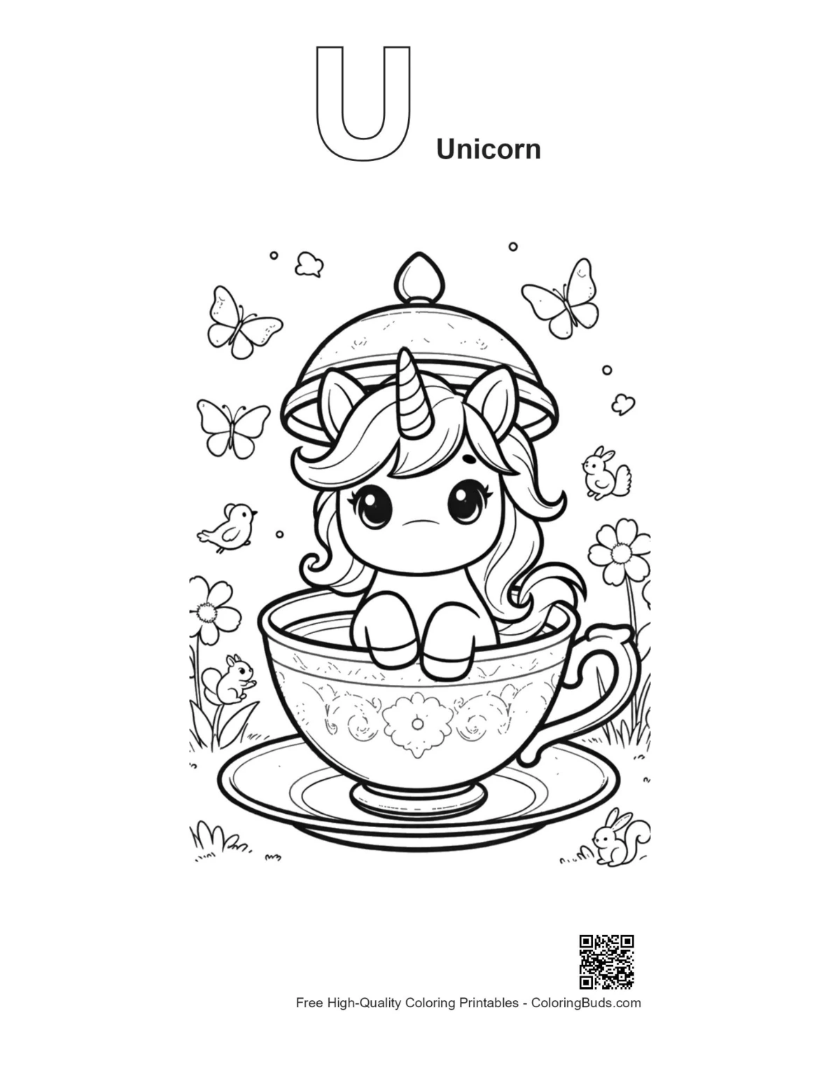 Unicorn teacup bath with alphabet U outline printable