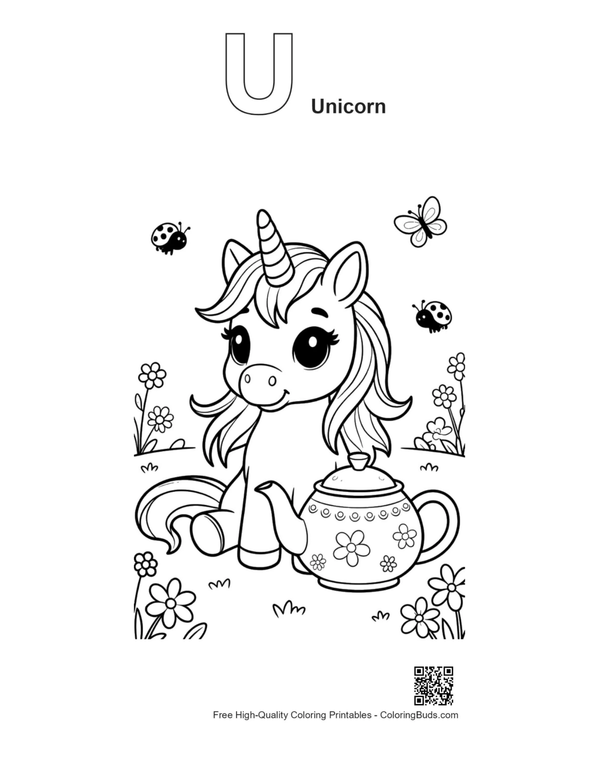 Kawaii unicorn tea set with U alphabet outline