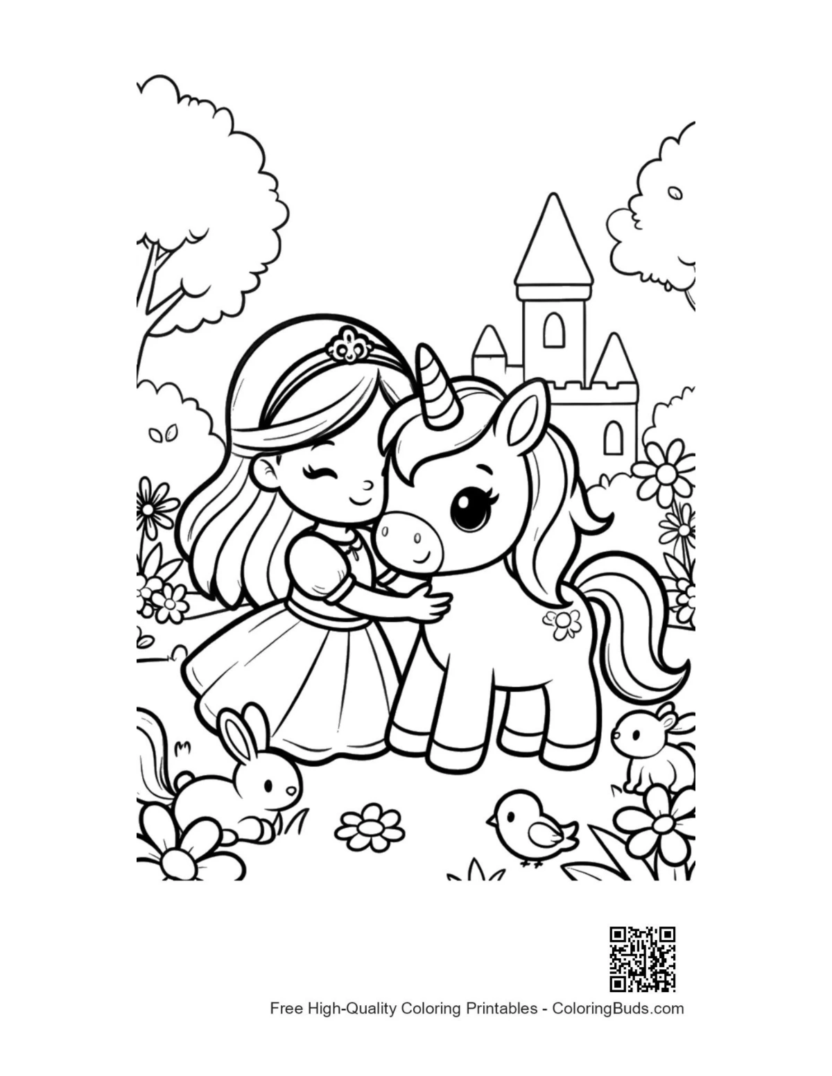 Kawaii unicorn princess garden coloring printable