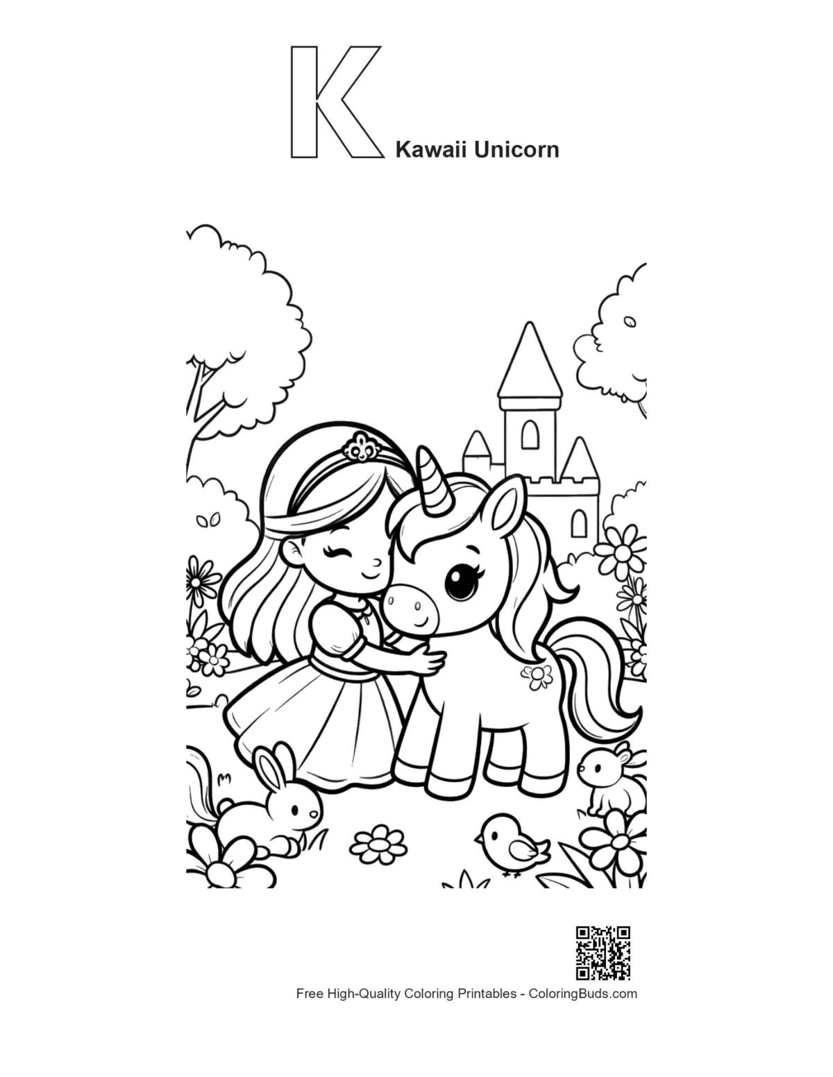 Kawaii unicorn alphabet K outline coloring page
