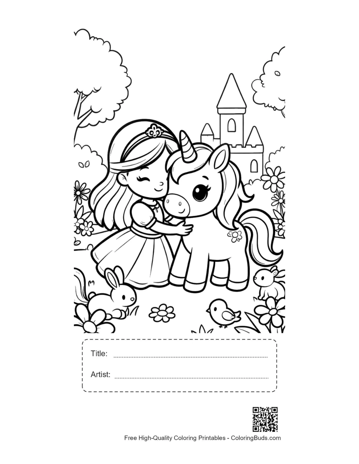 Kawaii unicorn coloring page with title box