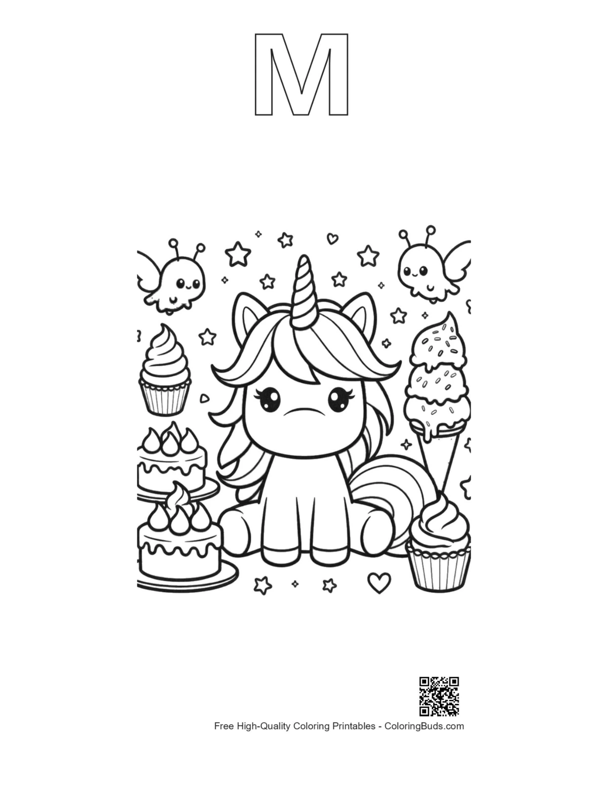 Rainbow unicorn alphabet letter M printable outline