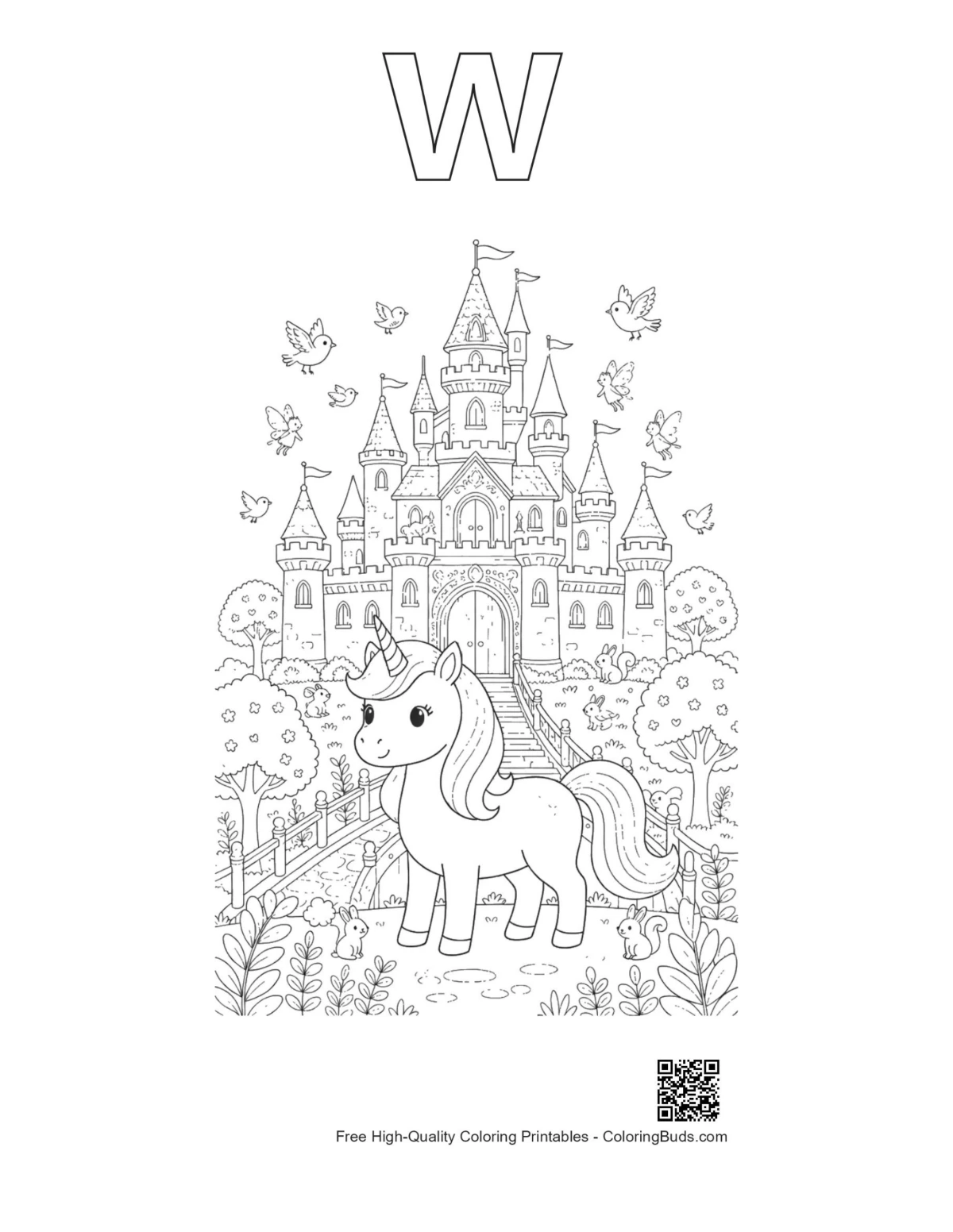 Rainbow unicorn outline alphabet letter W printable