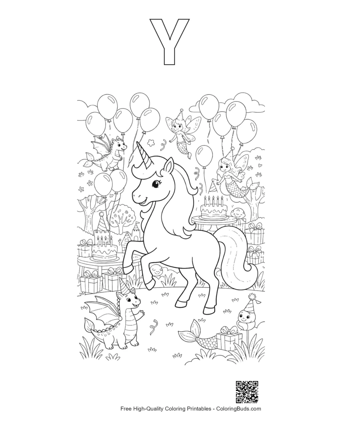 Rainbow unicorn alphabet Y outline printable