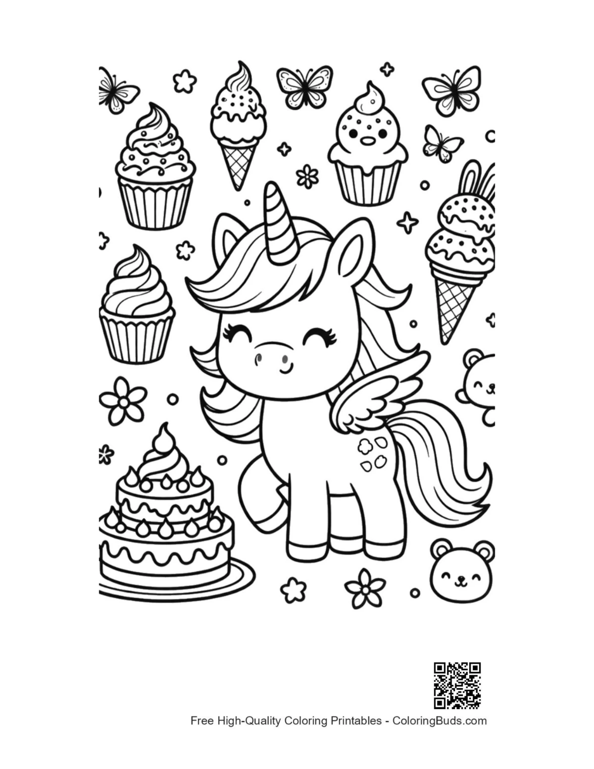 Printable rainbow unicorn coloring page for kids