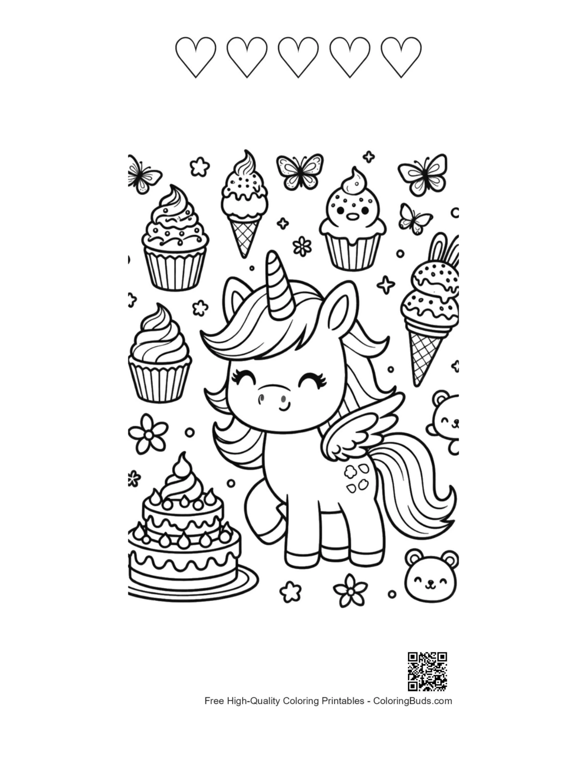 Rainbow unicorn page with 5 heart outlines printable