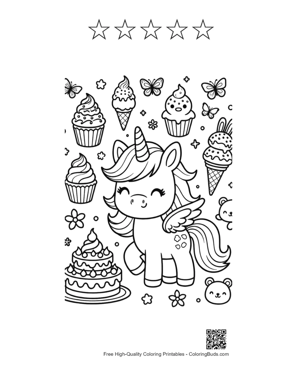 Rainbow unicorn printable with 5 star outlines to color
