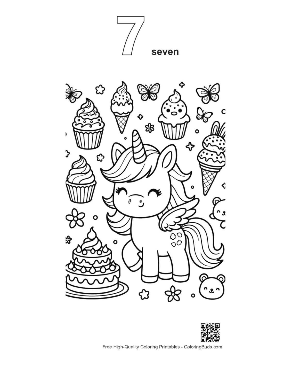 Rainbow unicorn coloring sheet outline number 7 design