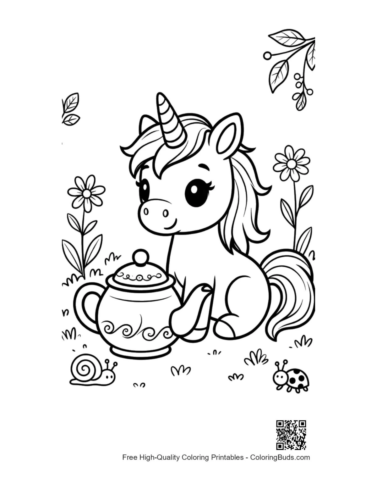 Cute kawaii unicorn tea party printable coloring page