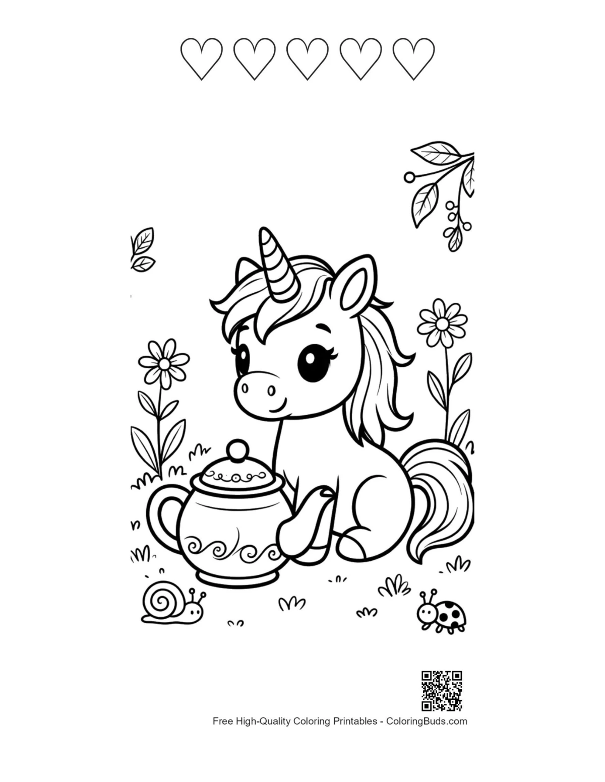 Cute unicorn tea party with 5 heart outlines