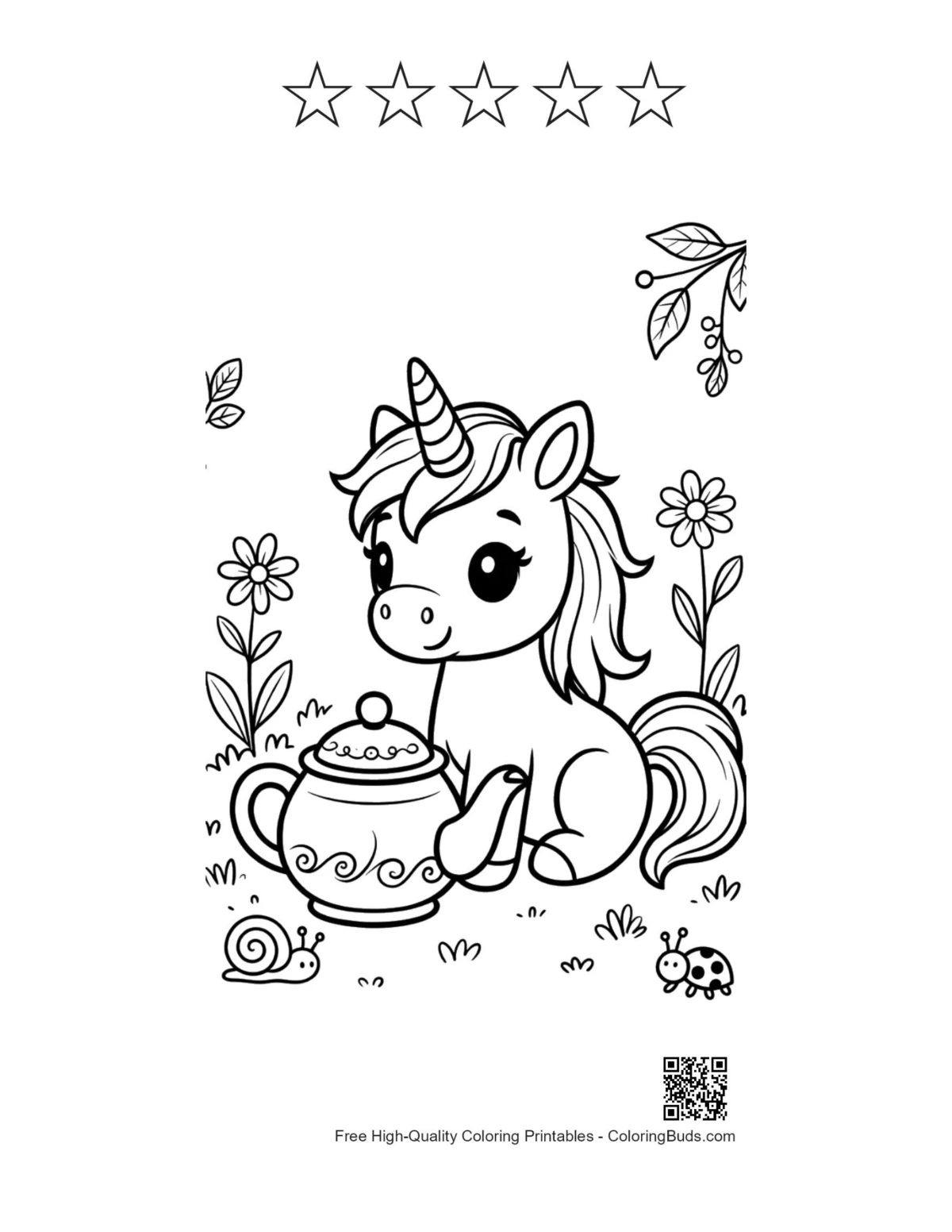 Kawaii unicorn printable with 5 star outlines