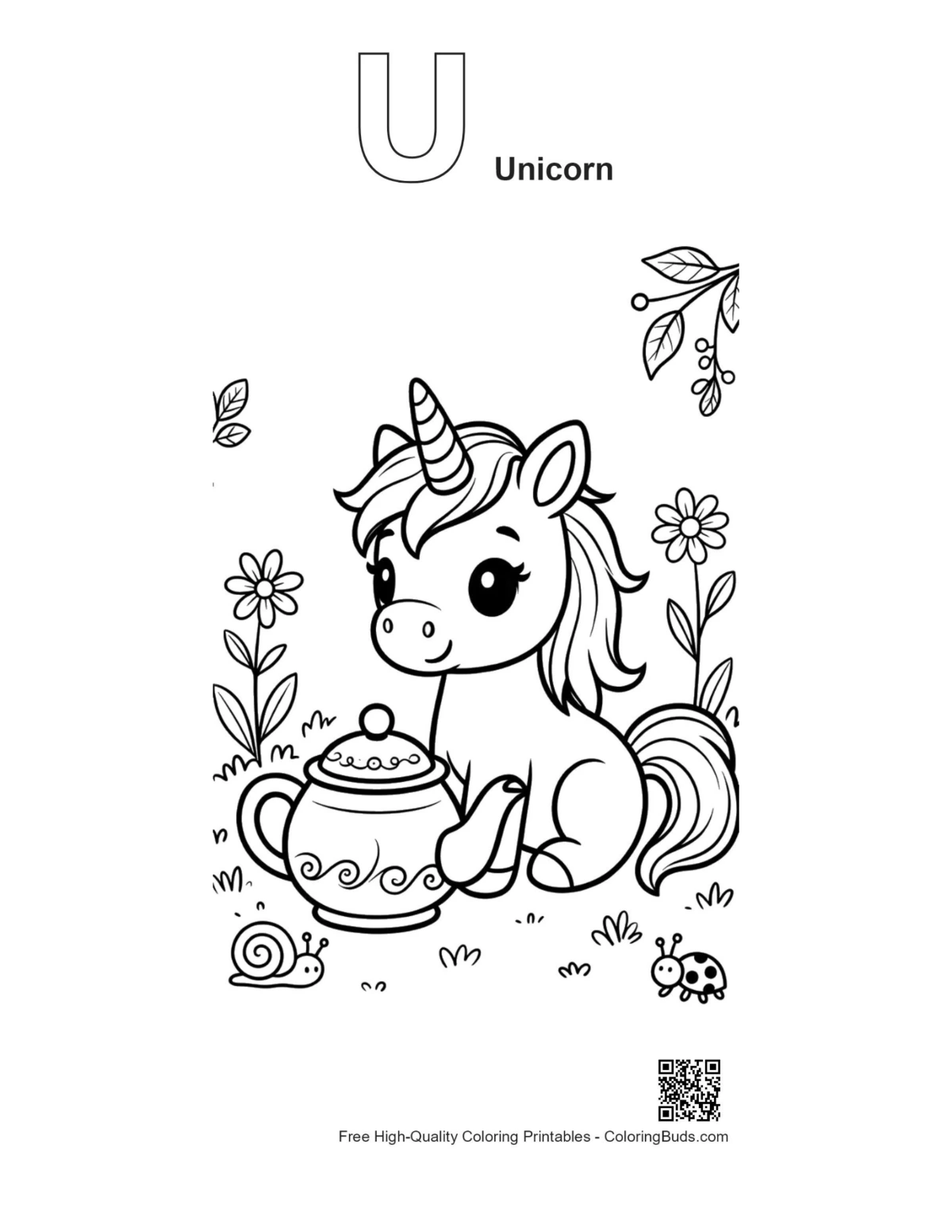 Unicorn tea party printable with alphabet U outline