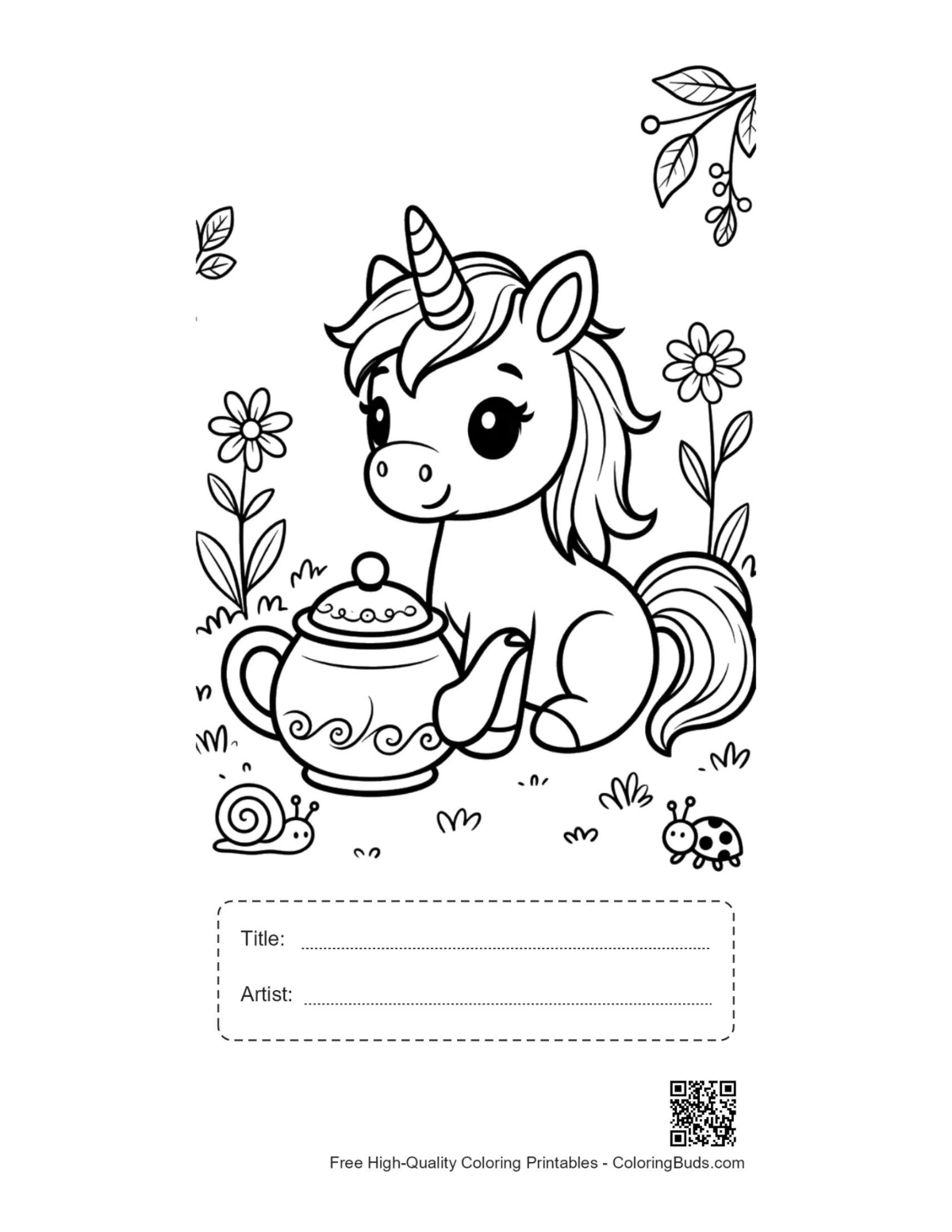 Kawaii unicorn coloring page with title artist box