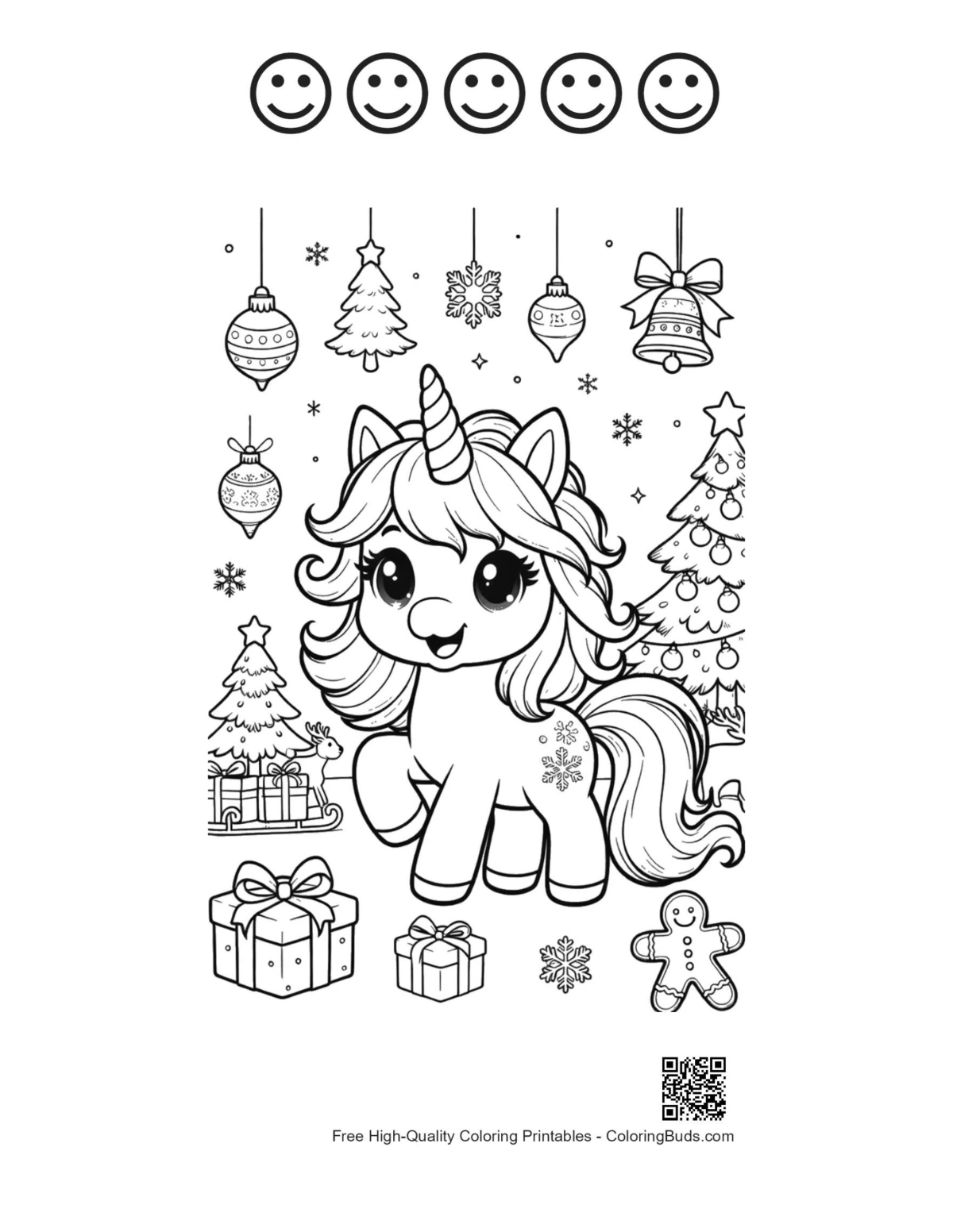 Christmas unicorn with happy faces printable