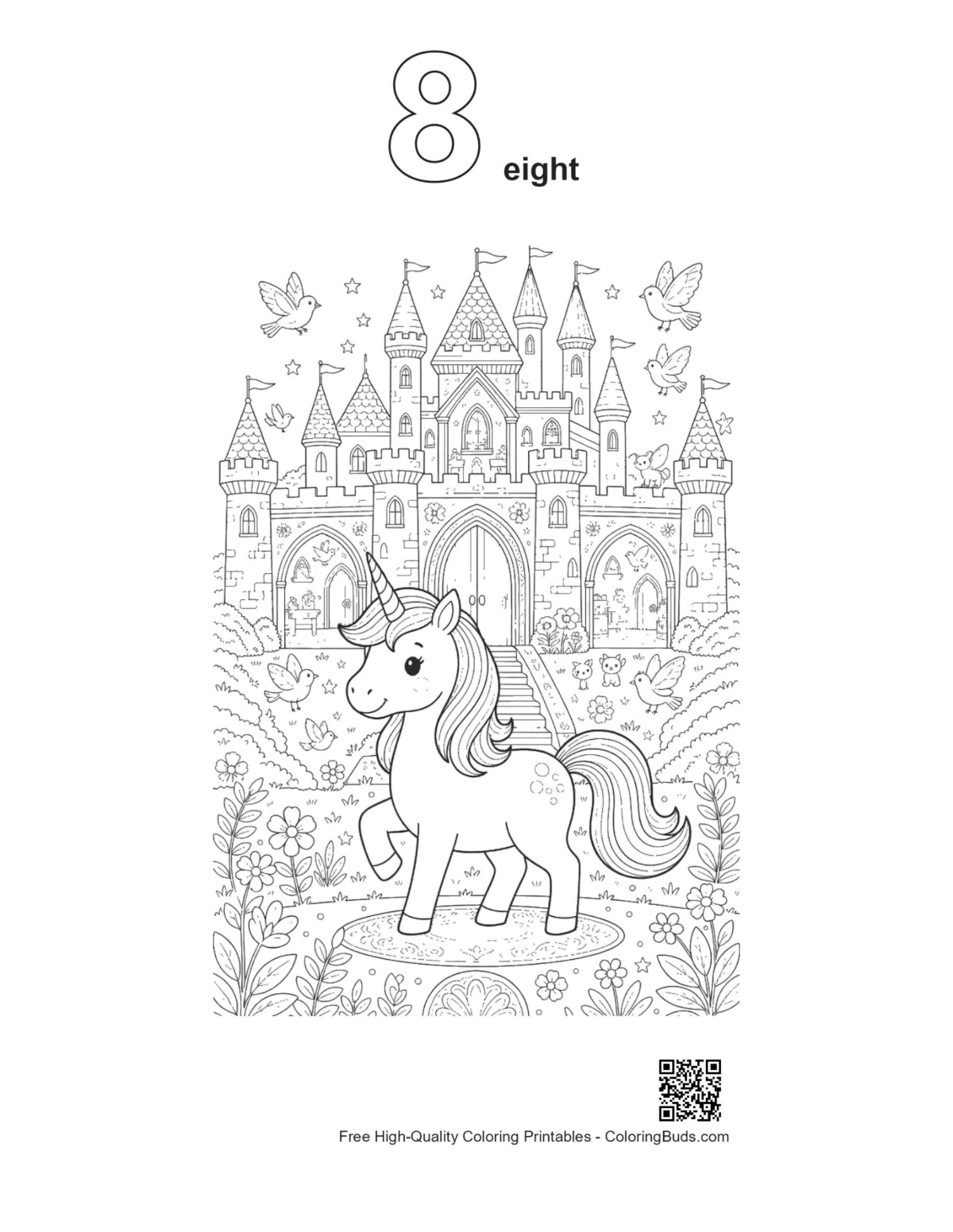Unicorn palace garden outline with number 8 design