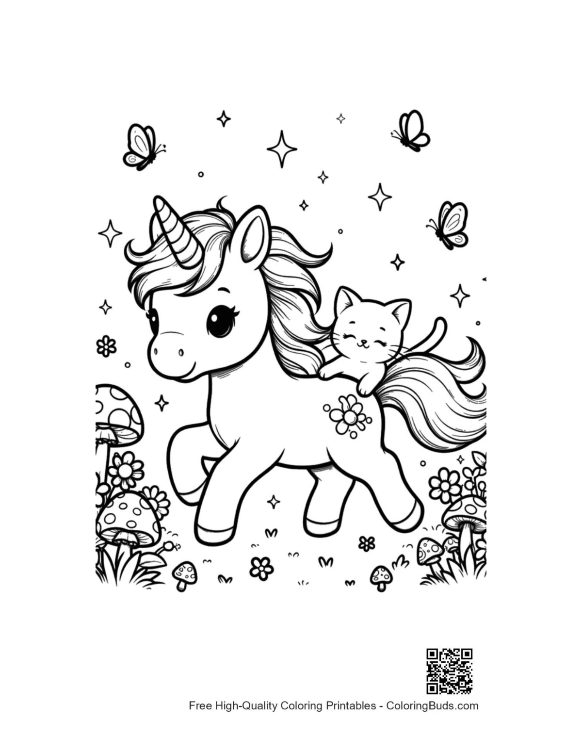 Cute kawaii unicorn carrying baby kitty garden coloring page
